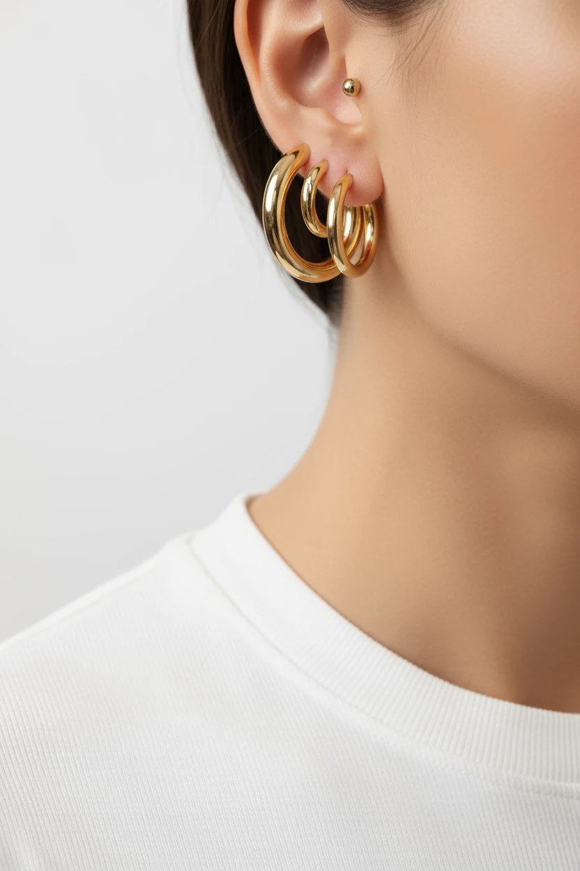 closeup female ear with chunky gold hoops, white crewneck tee