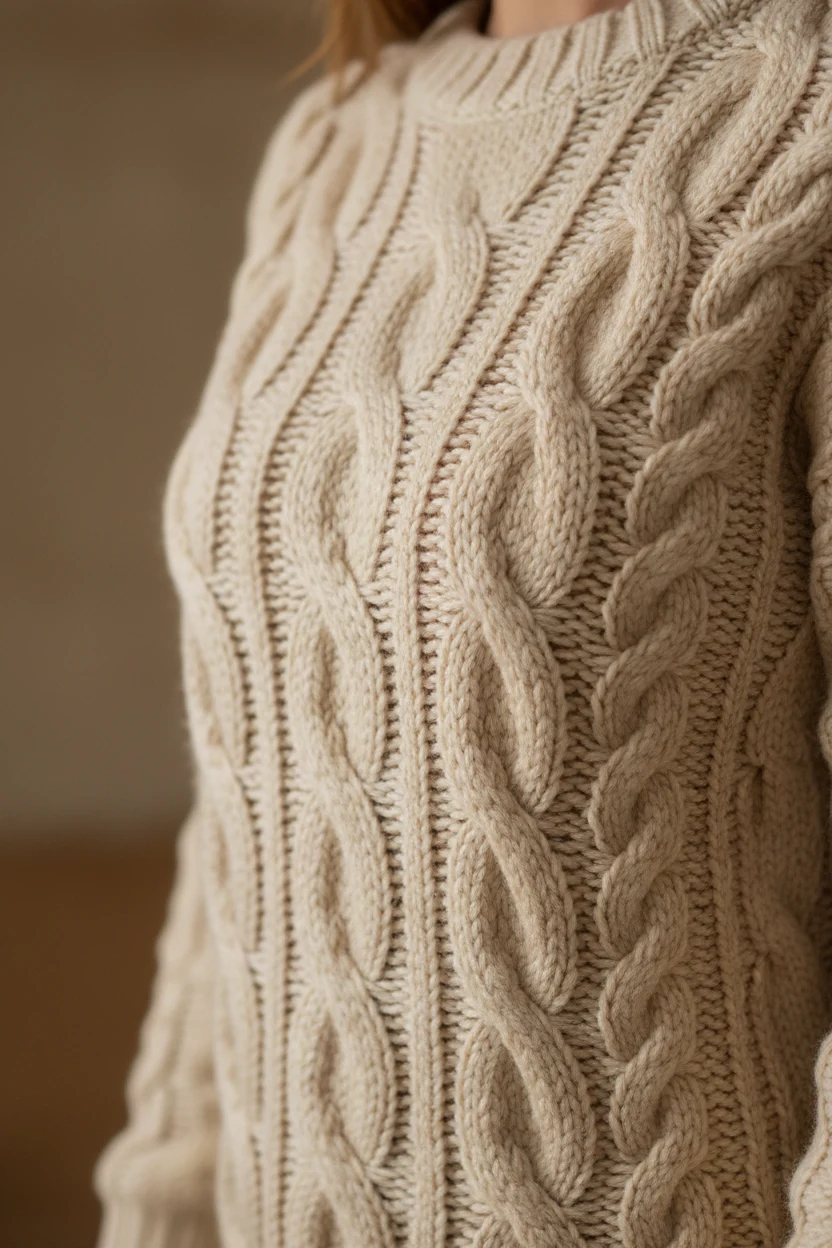 closeup of cream cable-knit sweater texture, female torso