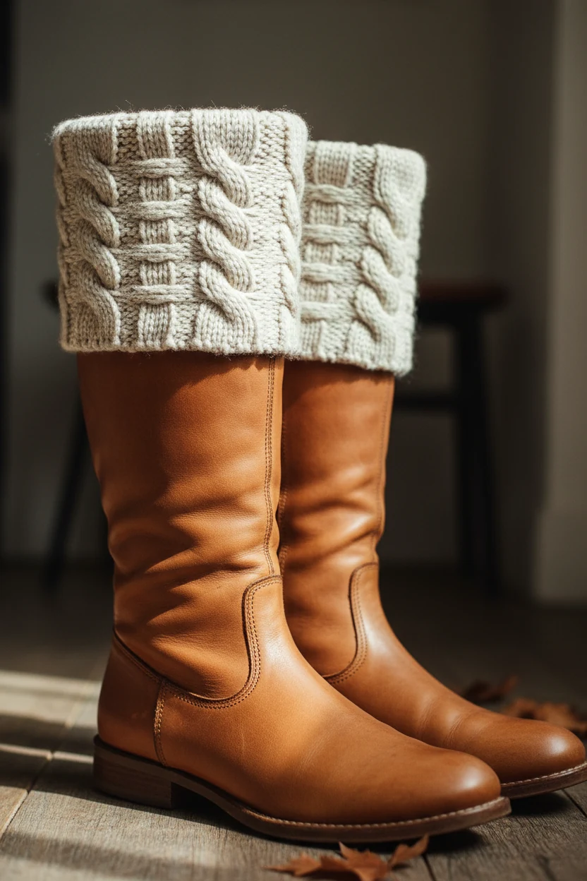 closeup tan knee-high leather boots, cream chunky knit hem