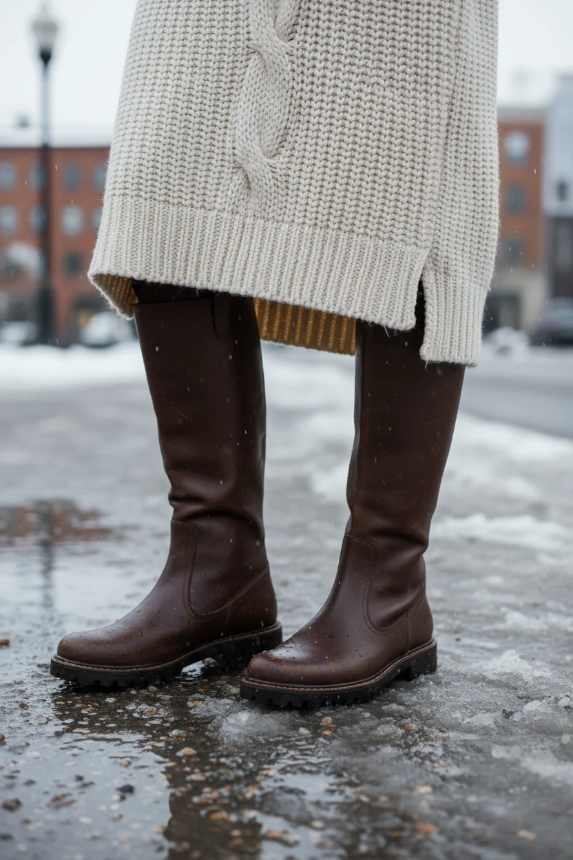 closeup of female knee-high boots, slushy pavement, oversized knit hem