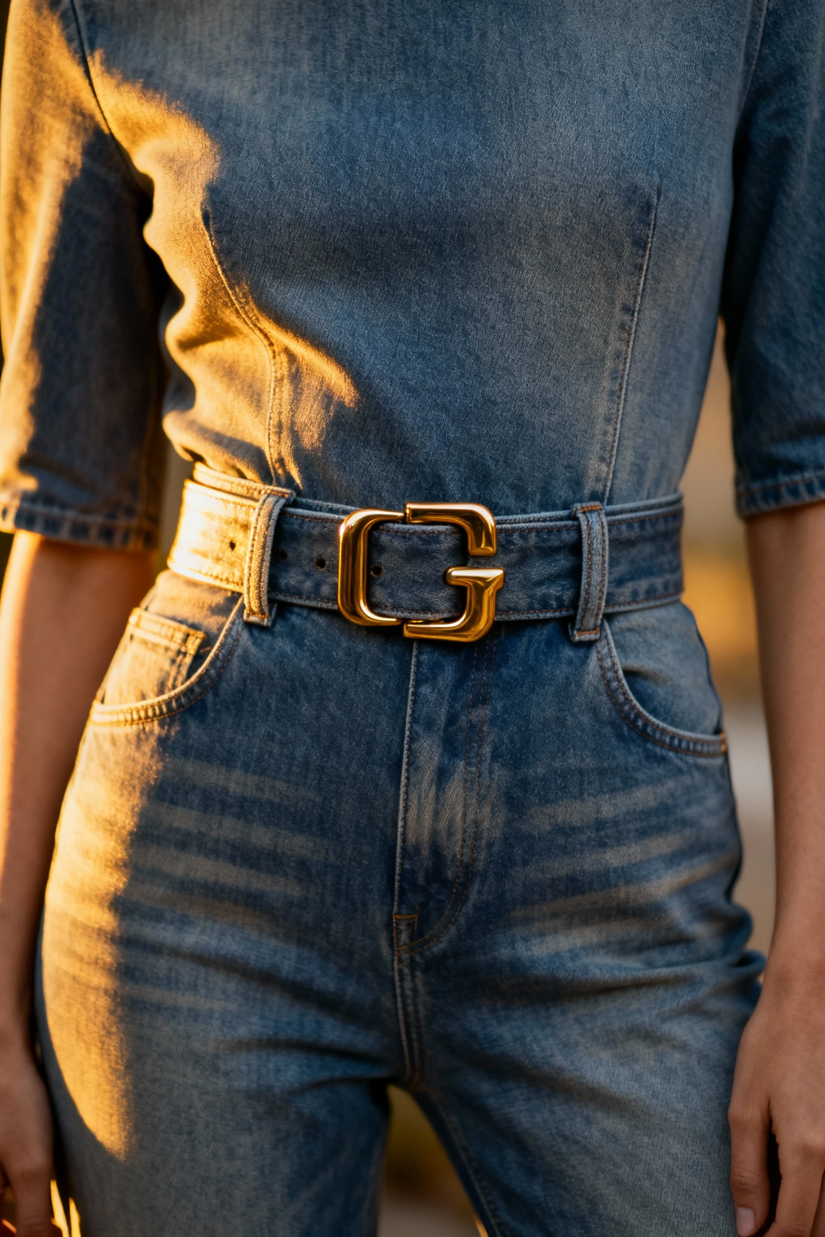 2. closeup female waist in soft denim jumpsuit with statement belt