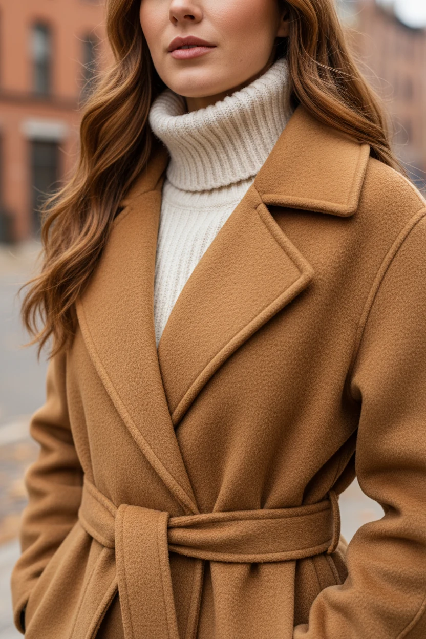 closeup of female camel belted wool coat, cream turtleneck