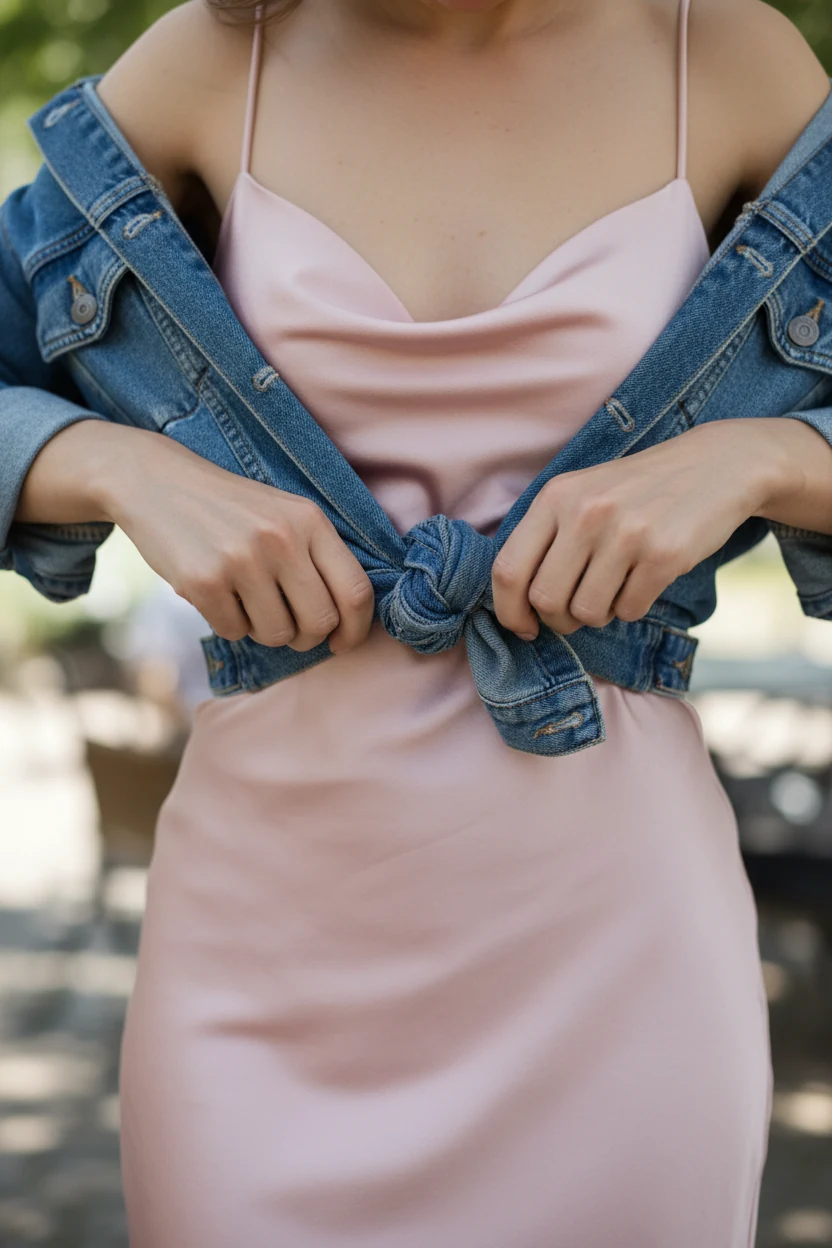 closeup female hands knotting denim jacket over pink slip dress