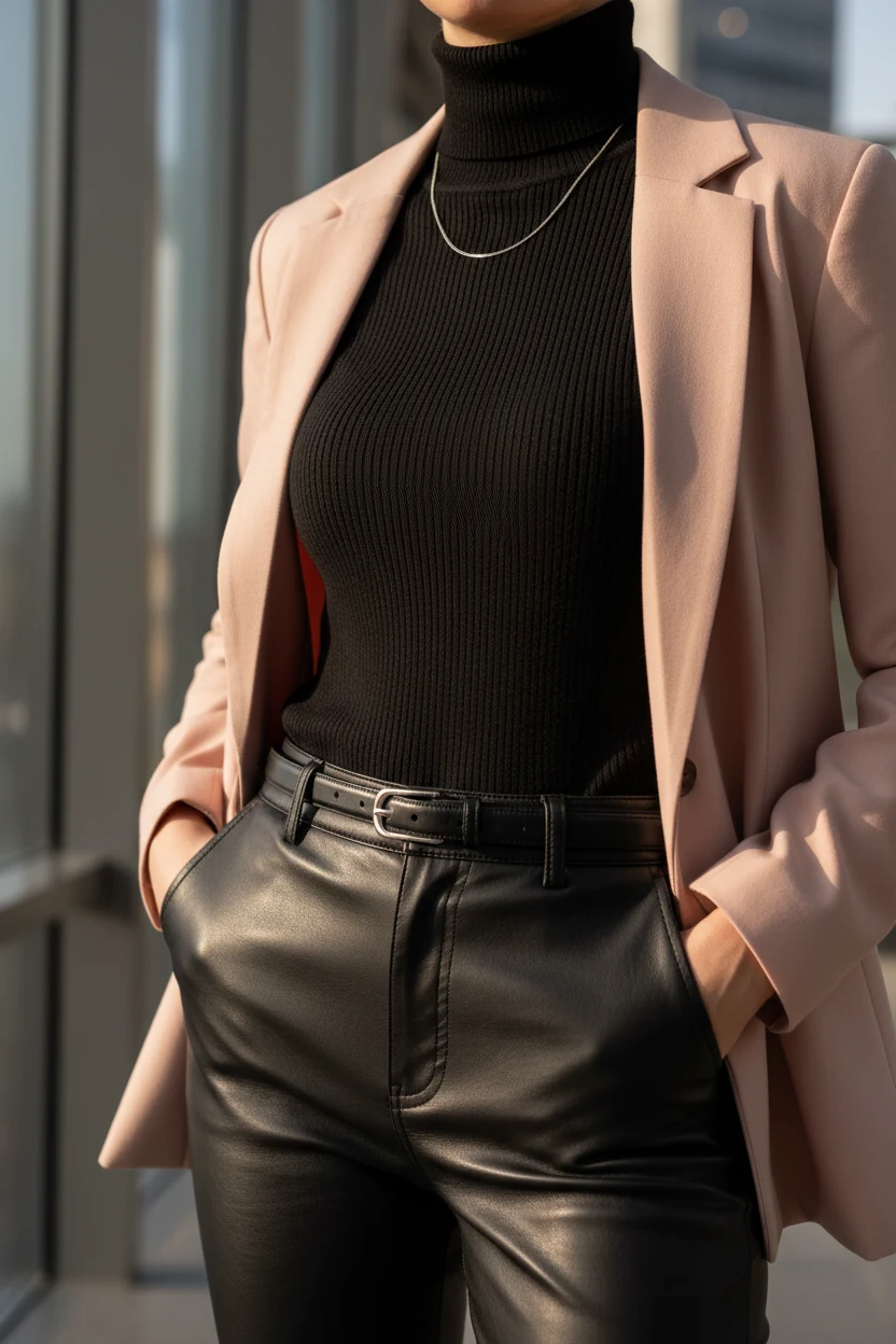 closeup black turtleneck, leather pants, skinny belt under pink blazer