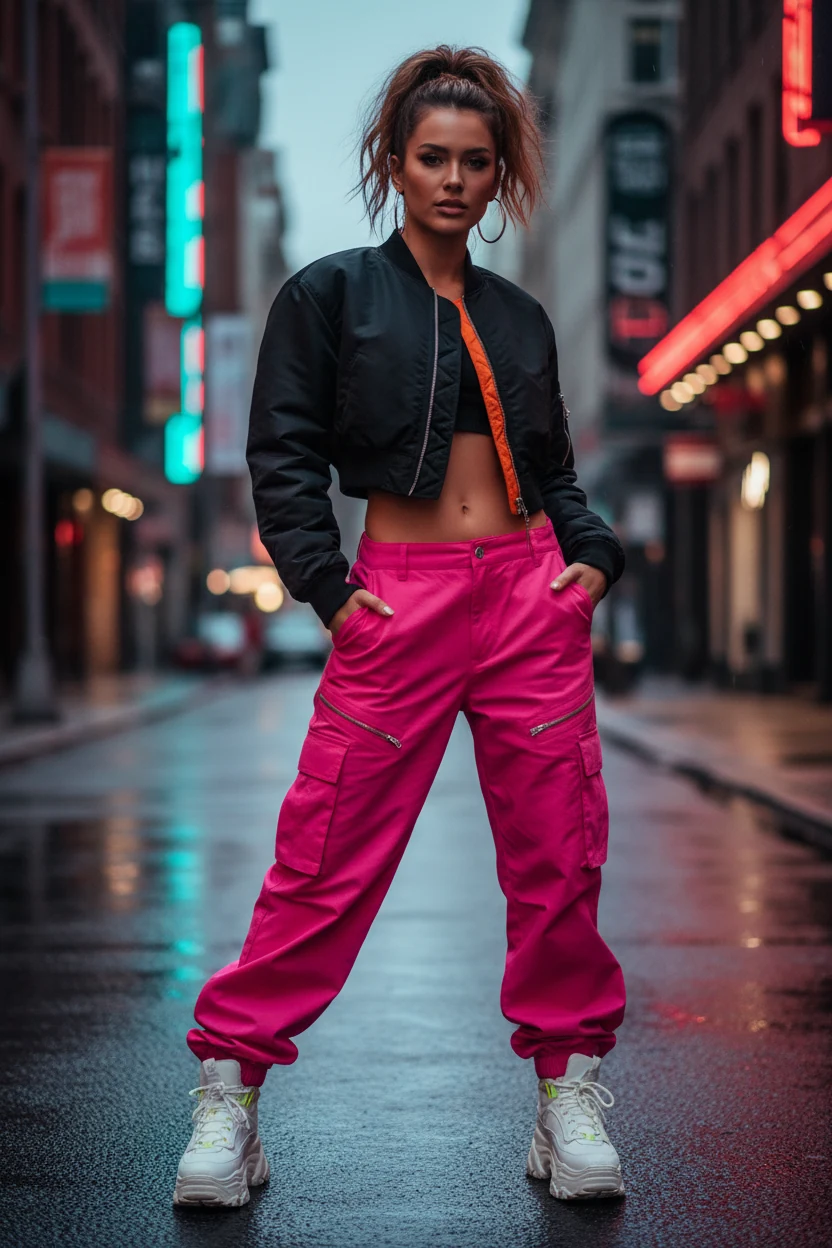 female in hot pink cargo pants, cropped bomber, chunky trainers