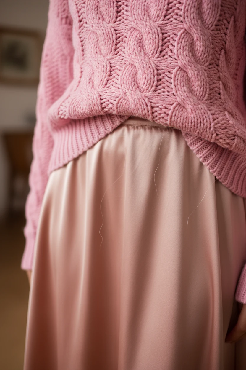 detail shot of bubblegum cable-knit half-tucked into rose satin midi