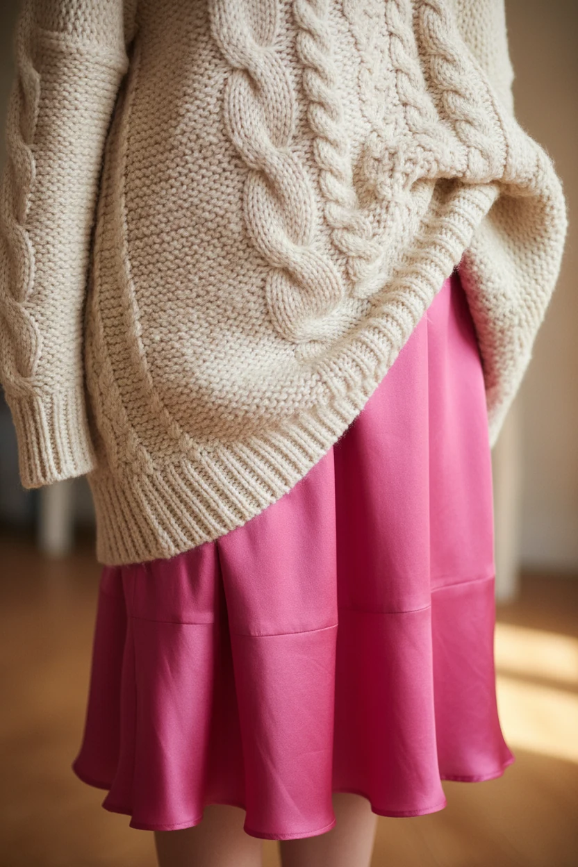 closeup fisherman-knit sweater over hot-pink slip dress hem