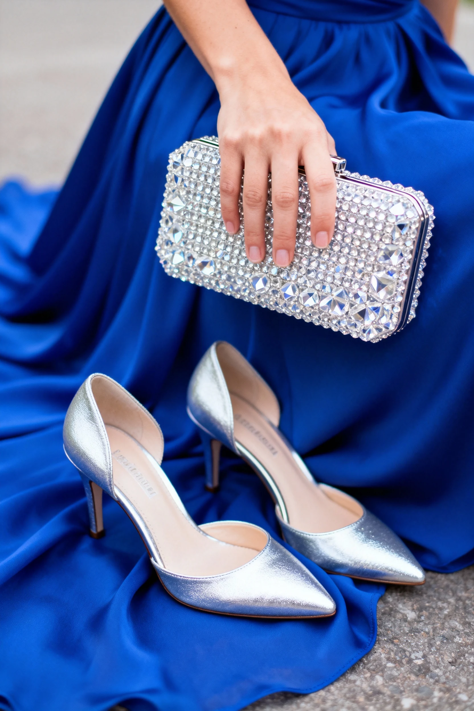 hand holding crystal clutch, silver heels, royal blue dress