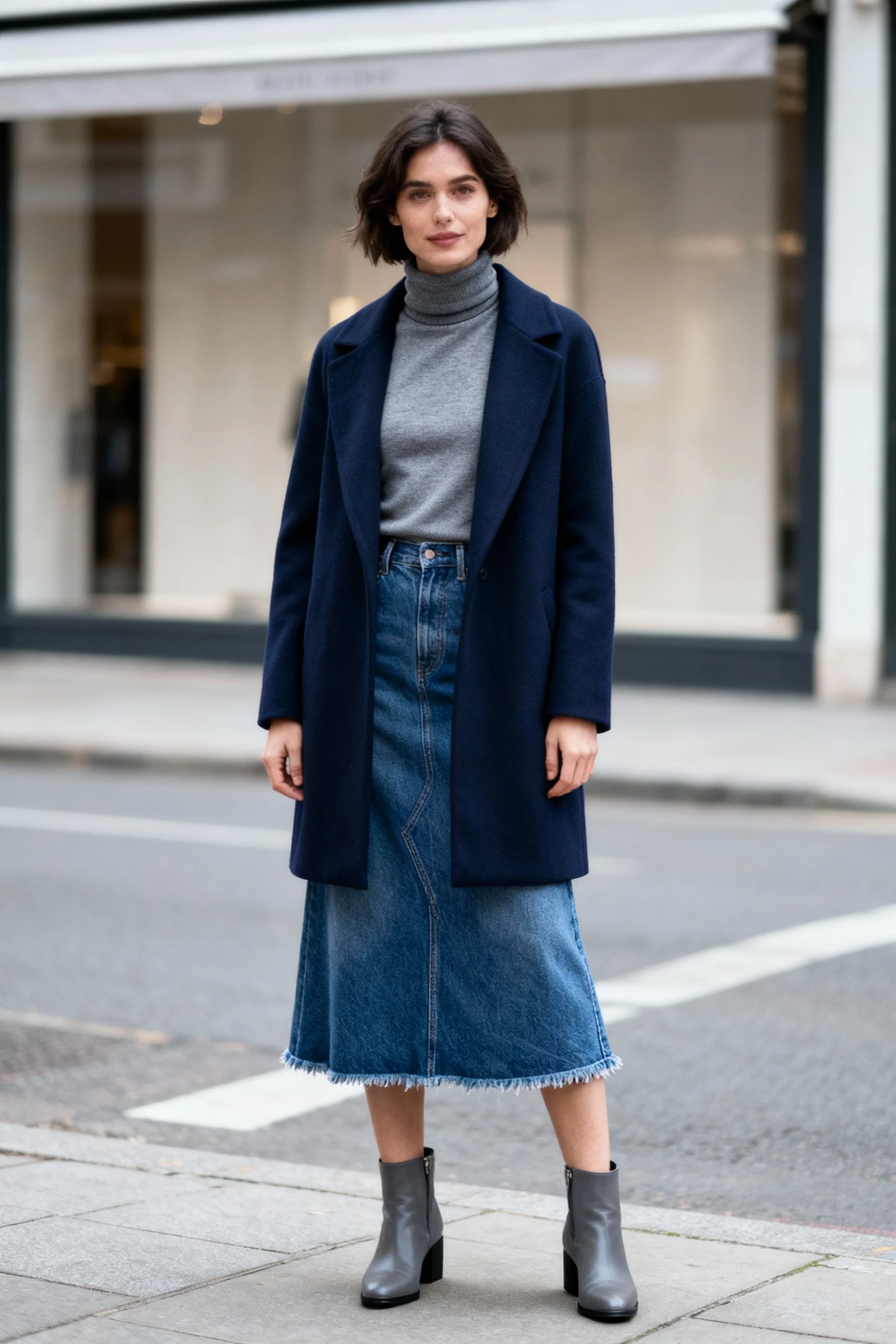 female charcoal turtleneck, navy coat, midi denim skirt, ankle boots