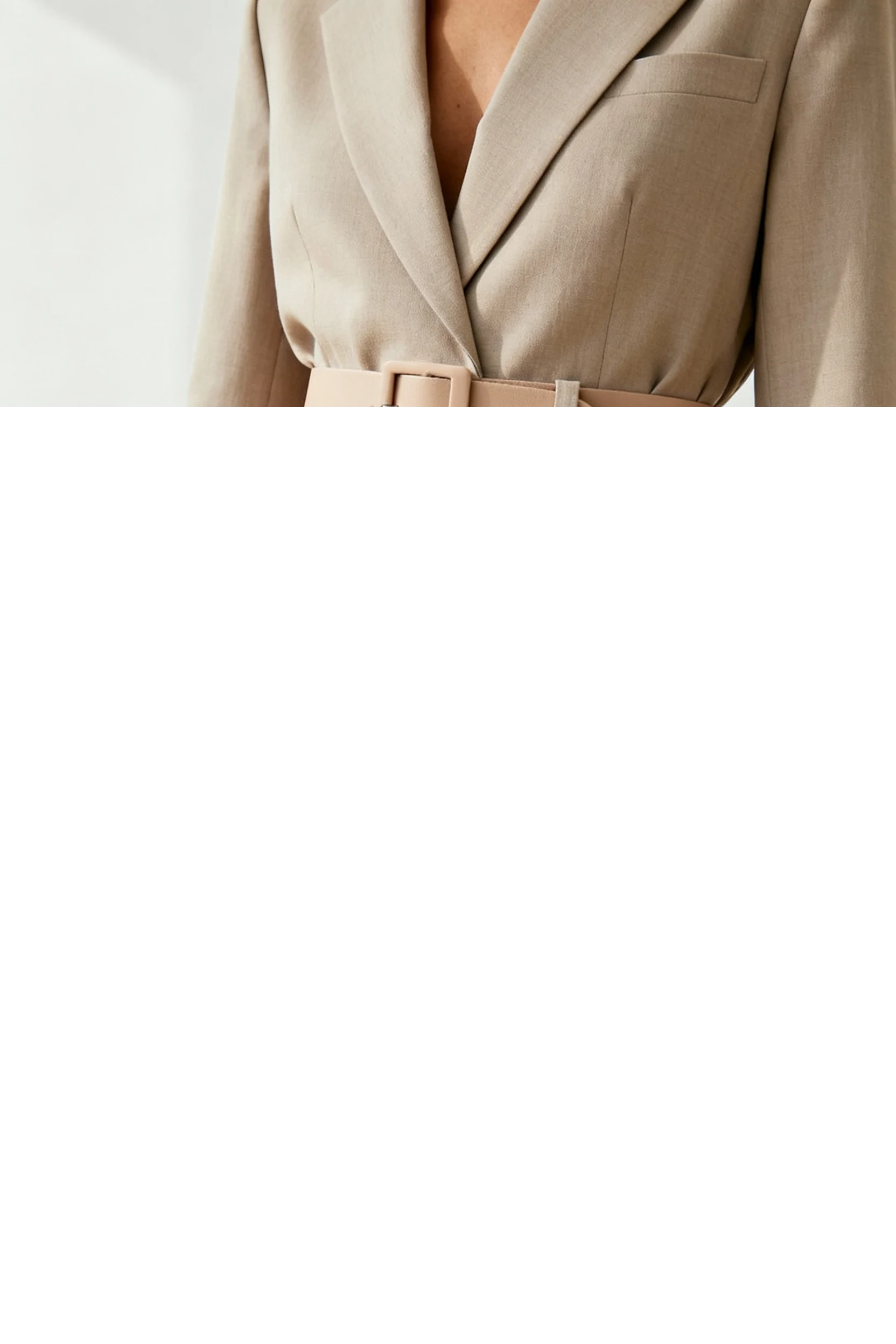 closeup pleated maxi skirt with belted blazer, tonal belt