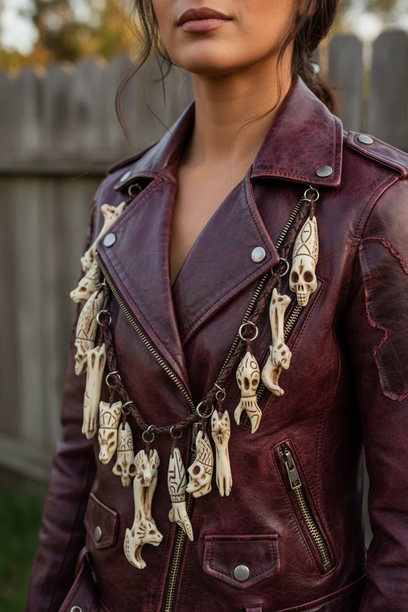 female burgundy leather jacket, ivory bone charms closeup