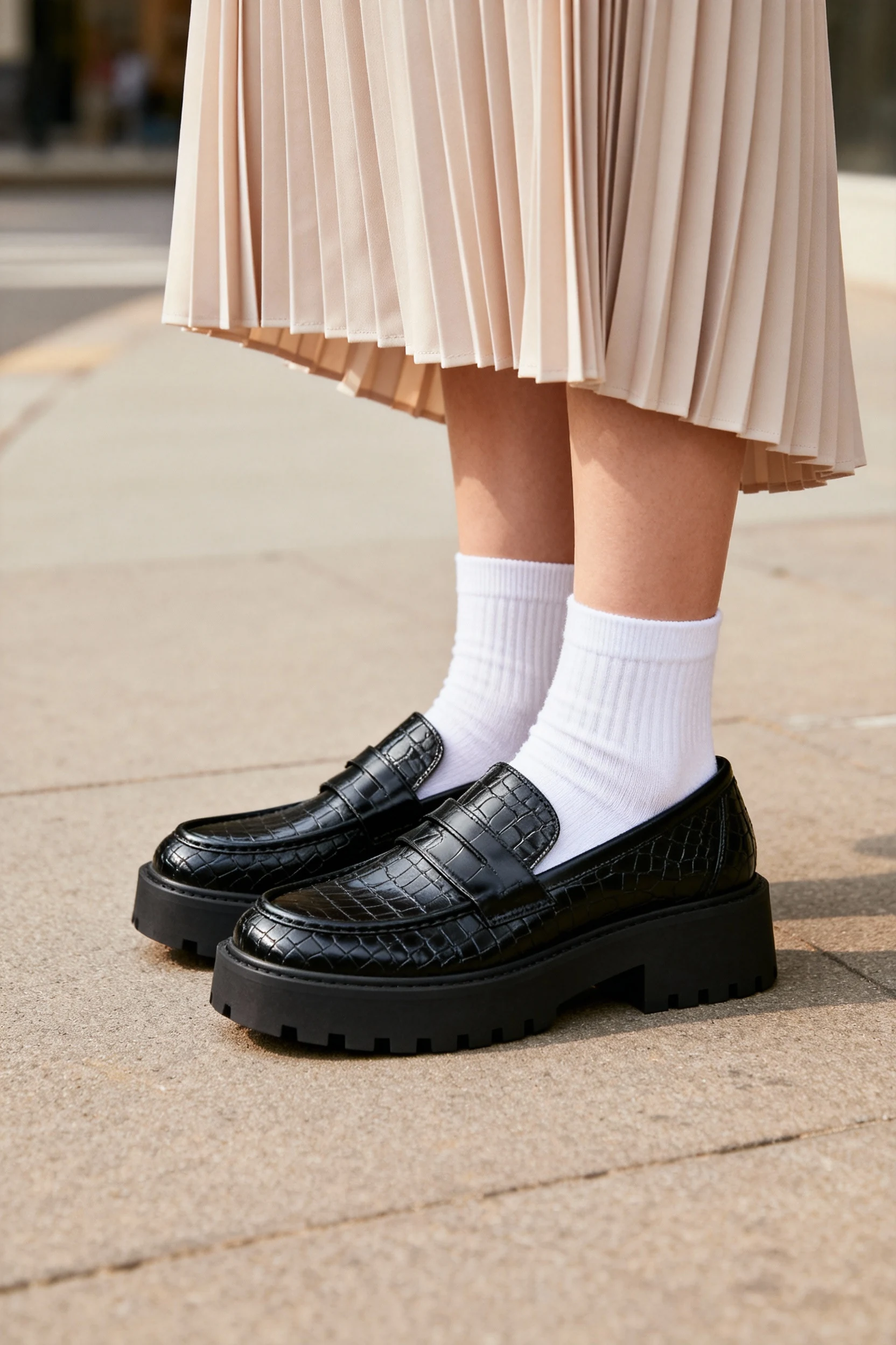 closeup female black chunky loafers white socks pleated skirt hem