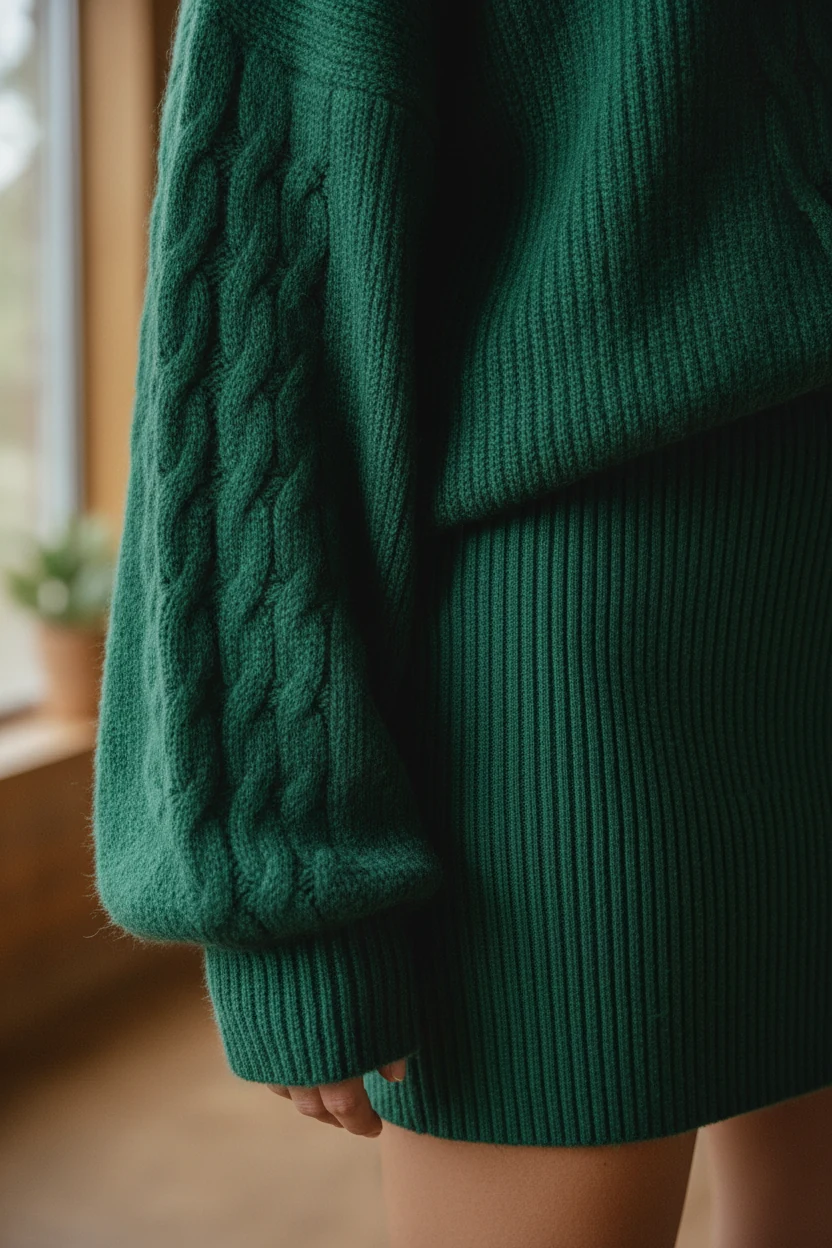 2. closeup of emerald chunky sweater sleeve, ribbed knit mini skirt