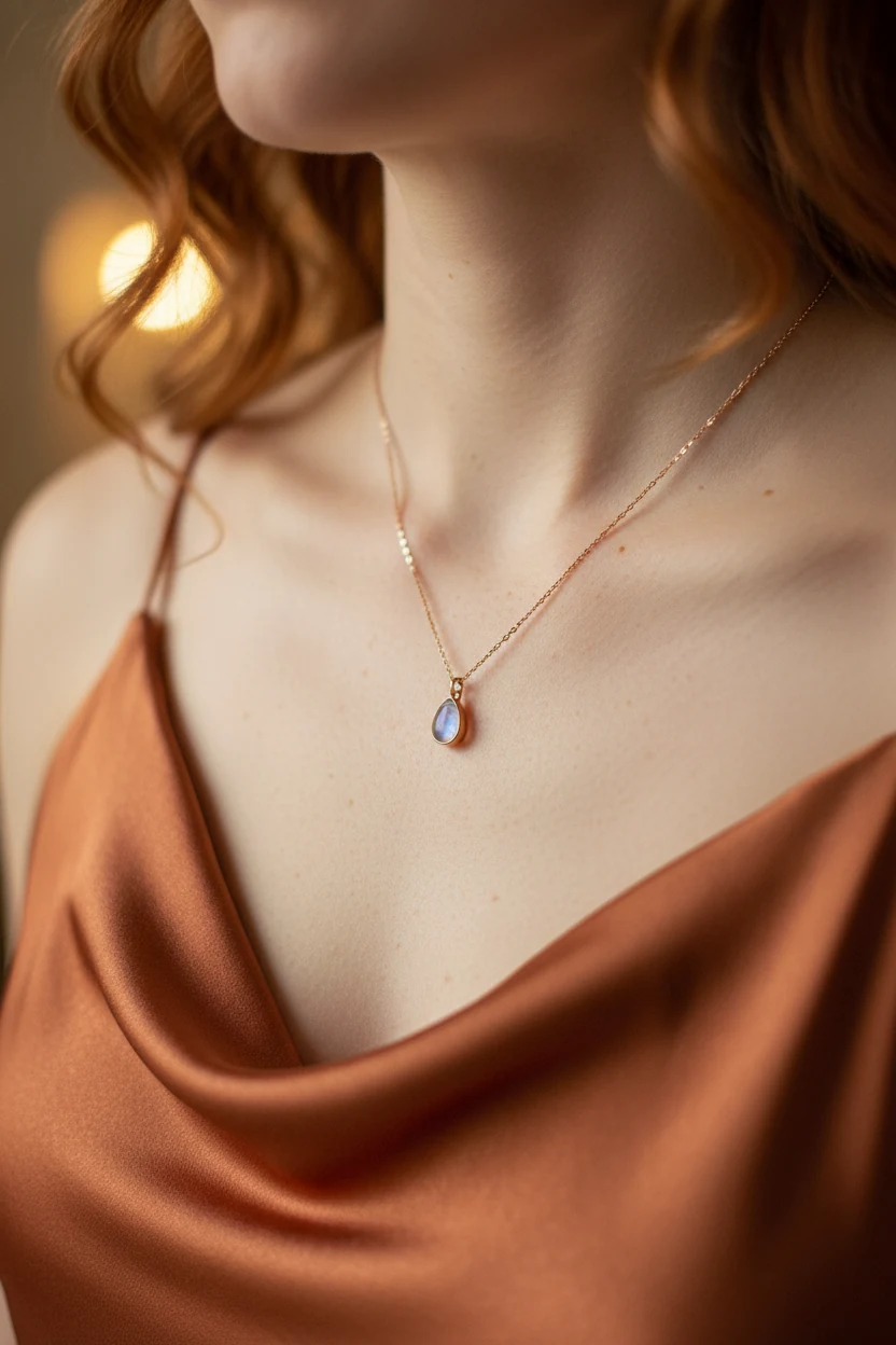 Terracotta satin slip, delicate pendant closeup on female collarbone