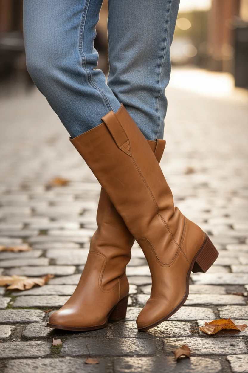 Female legs in cuffed straight jeans, tan knee-high boots