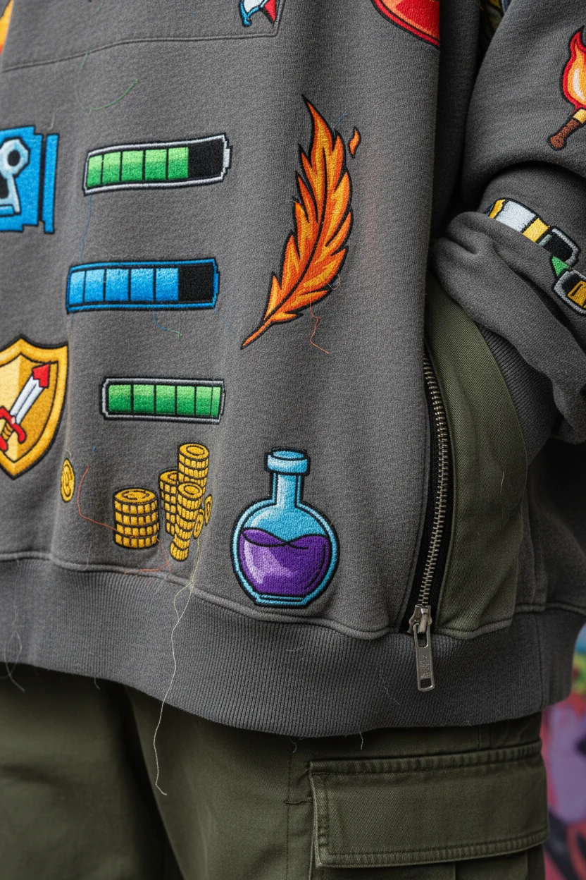 detail shot of oversized graphic hoodie fabric with colorful gaming icons beside cargo pant pocket zipper