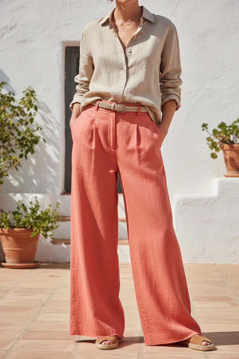 wide shot of coral wide-leg trousers with neutral linen button-down tucked loosely
