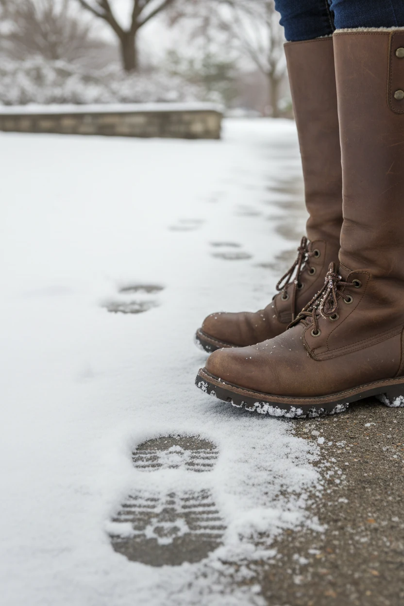 detail shot of brown knee-high boots walking on snowy pavement