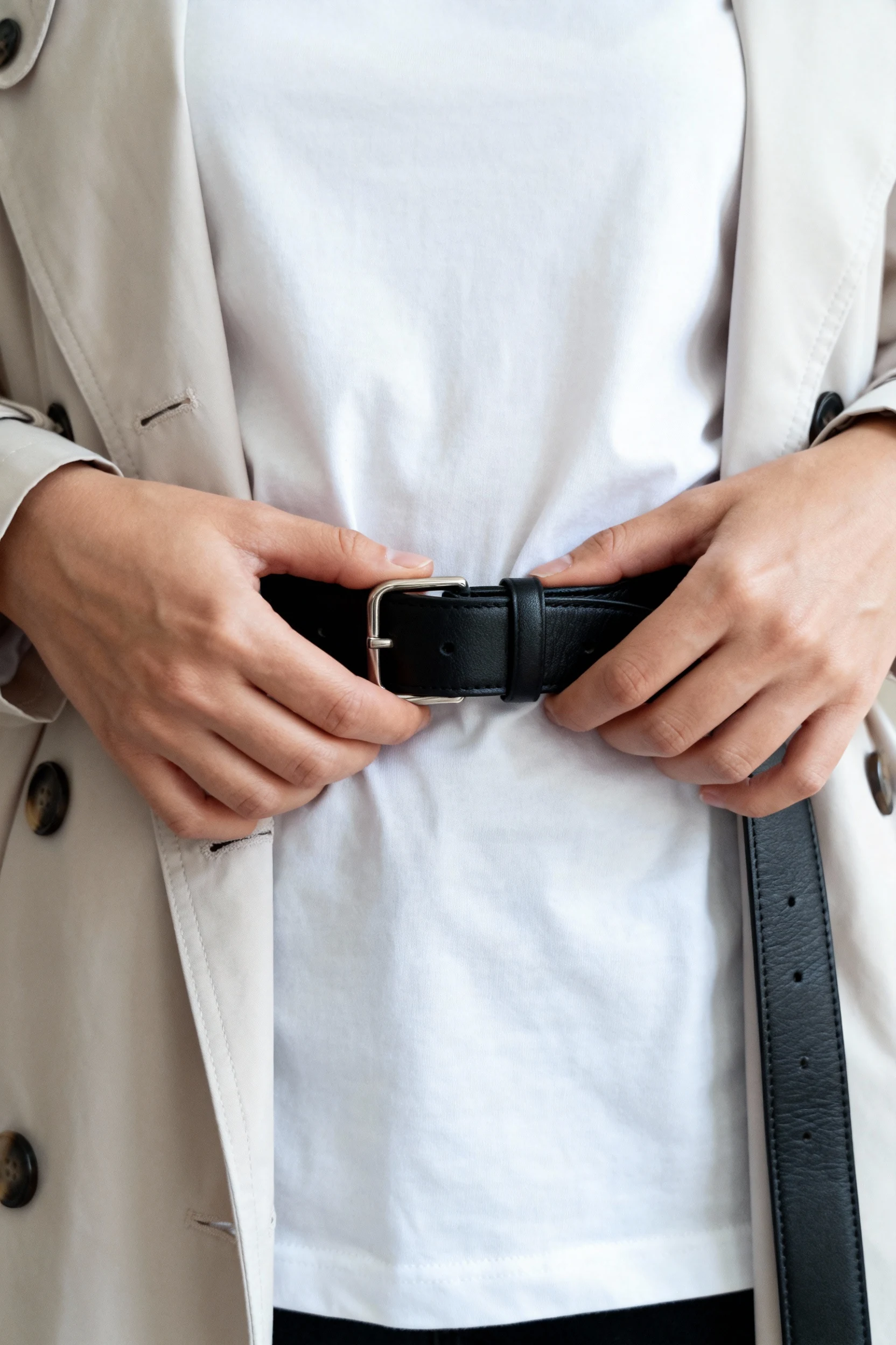 closeup female hands adjusting black belt, white tee, light trench