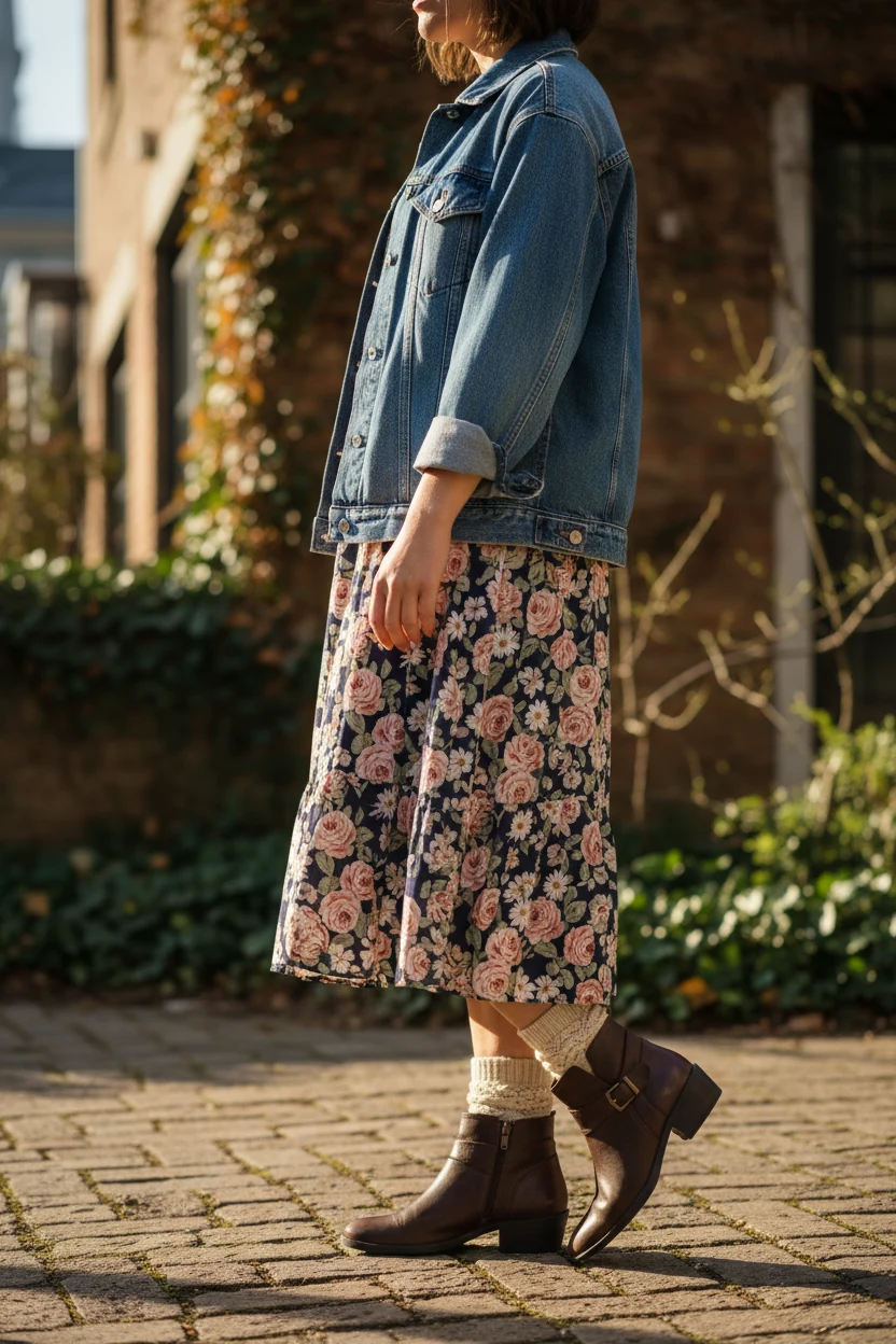 side view of denim jacket cuffed over floral midi dress with ankle boots