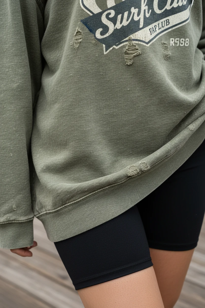 closeup of oversized vintage hoodie fabric over black bike shorts