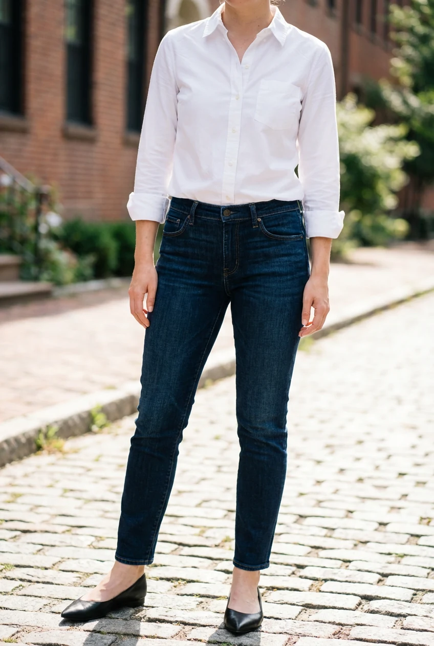 white button‑down shirt sleeves rolled above wrists with dark wash jeans and pointed‑toe flats