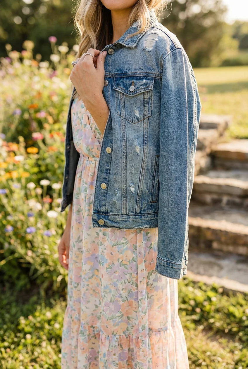 female hand adjusting worn denim jacket over pastel floral dress outdoors