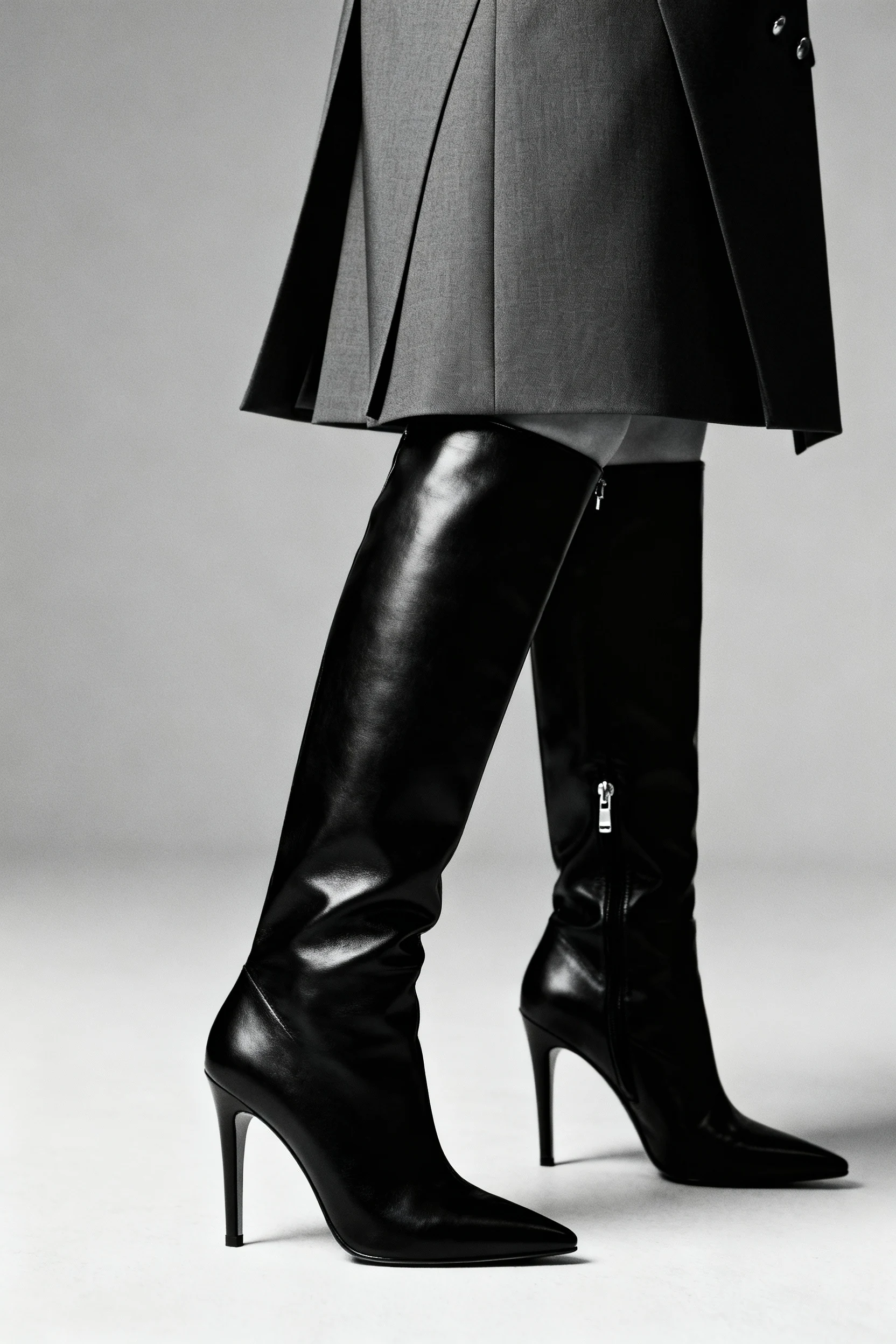 detail shot of thigh-high black boots beside tailored blazer dress hem