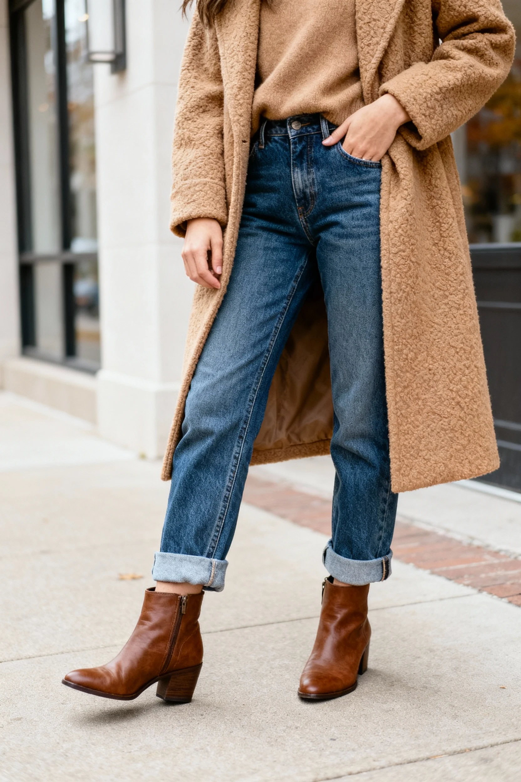 female cuffed straight-leg jeans, brown ankle boots, camel coat