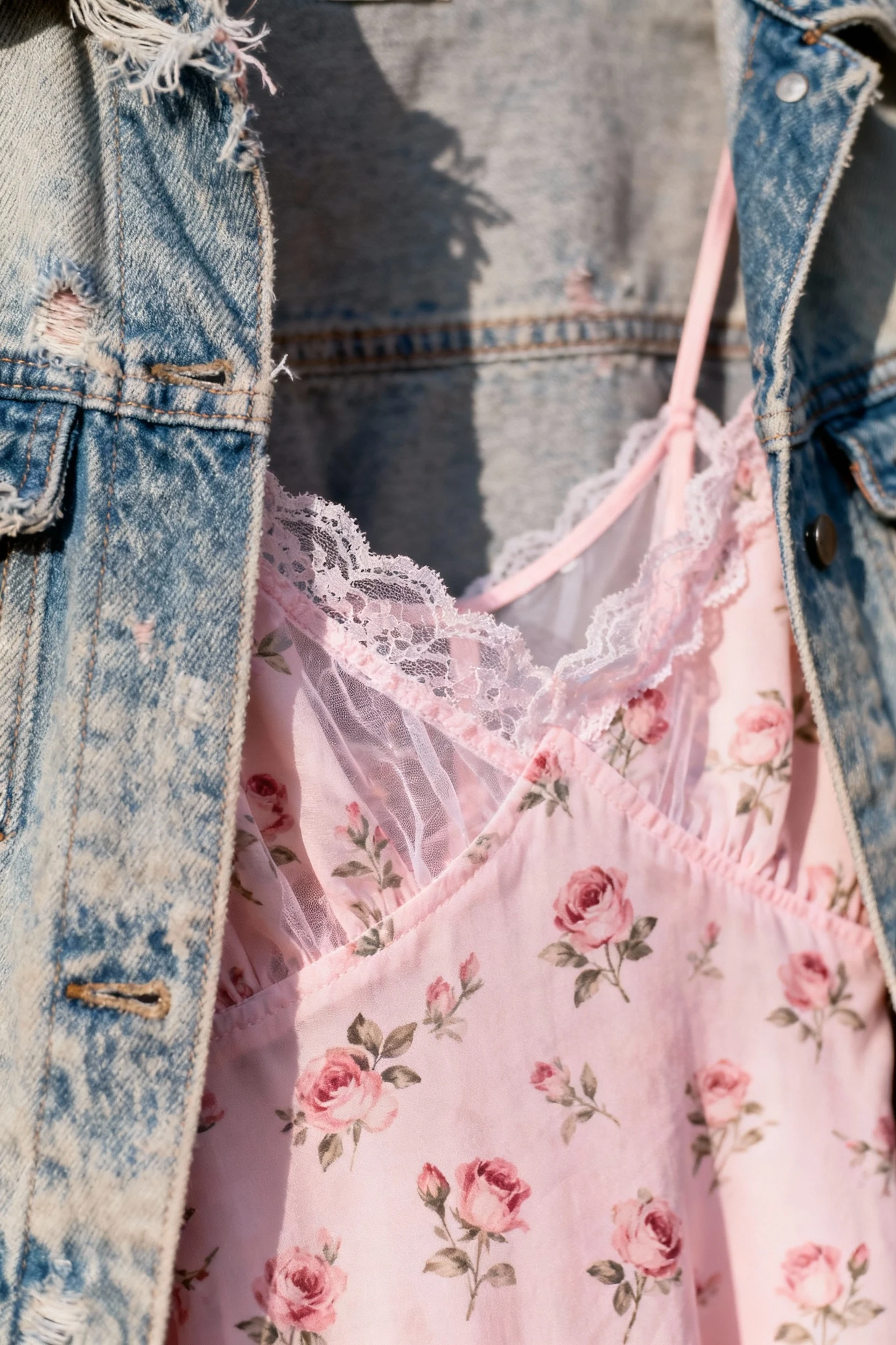 closeup of tiny floral slip dress fabric under faded denim jacket
