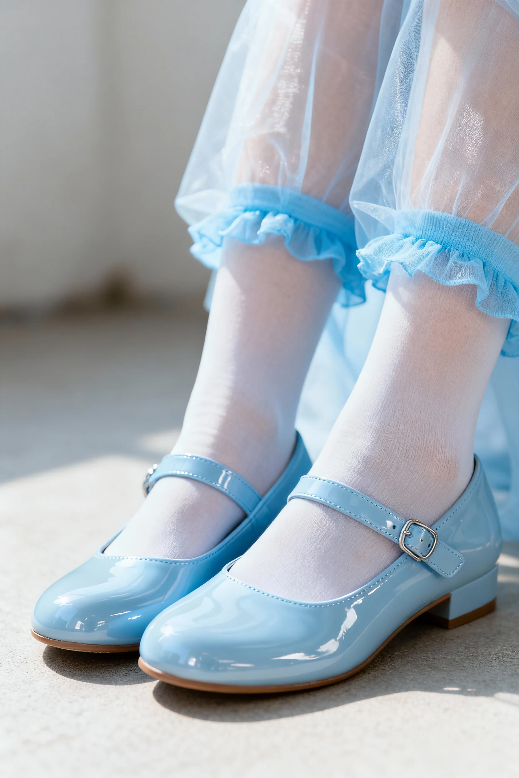 closeup shiny Mary Janes with sheer tights sky blue hem