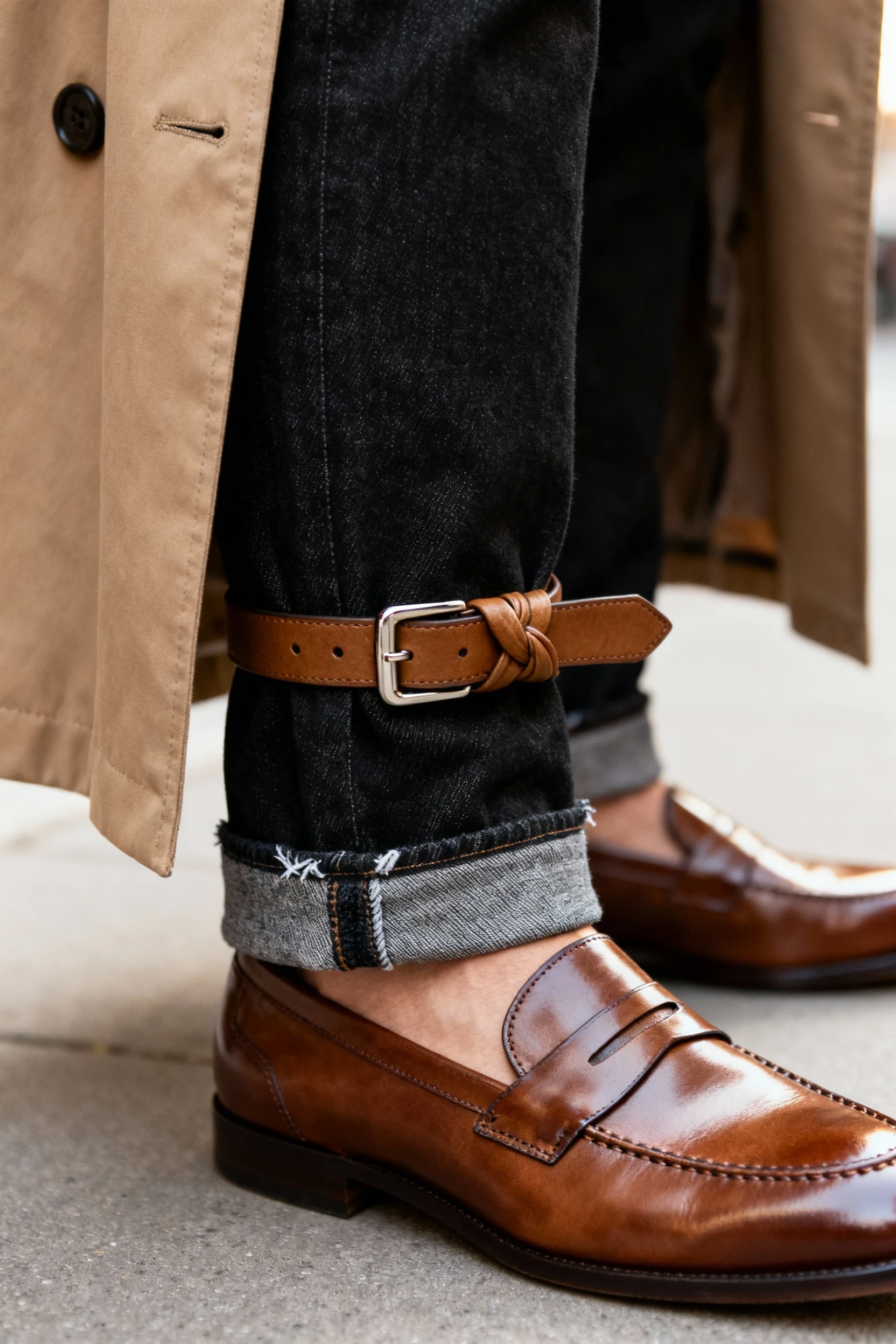 closeup trench belt knot, cuffed straight jeans, leather loafers