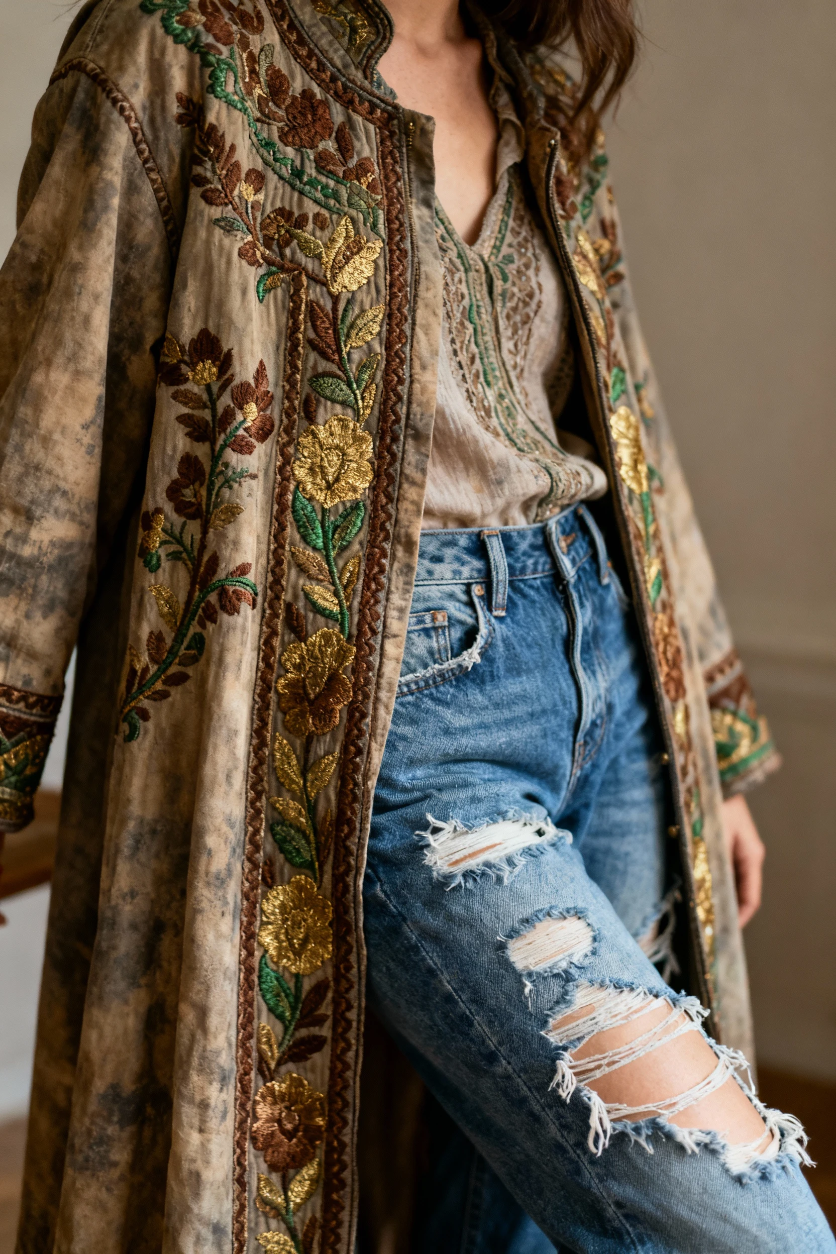 female closeup embroidered floor-length jacket over ripped blue denim