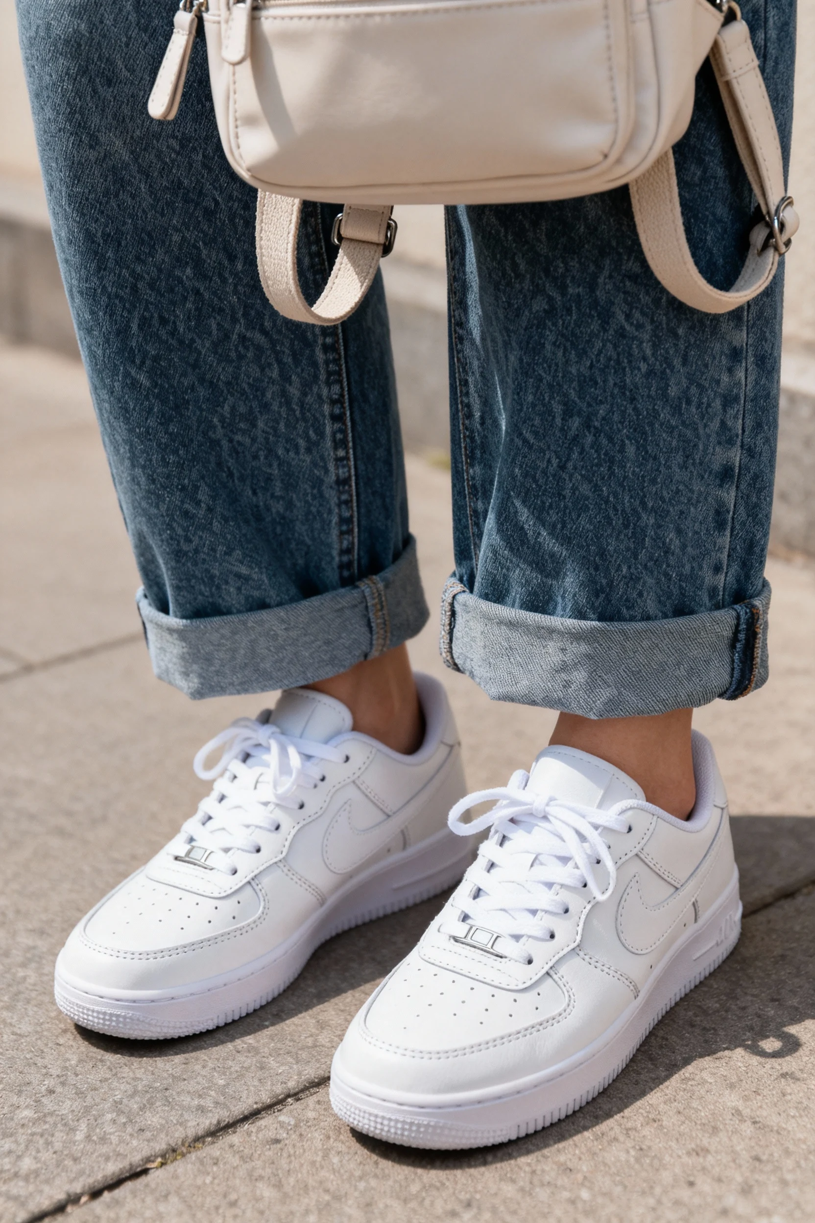 detail white sneakers, cuffed straight jeans, mini backpack straps