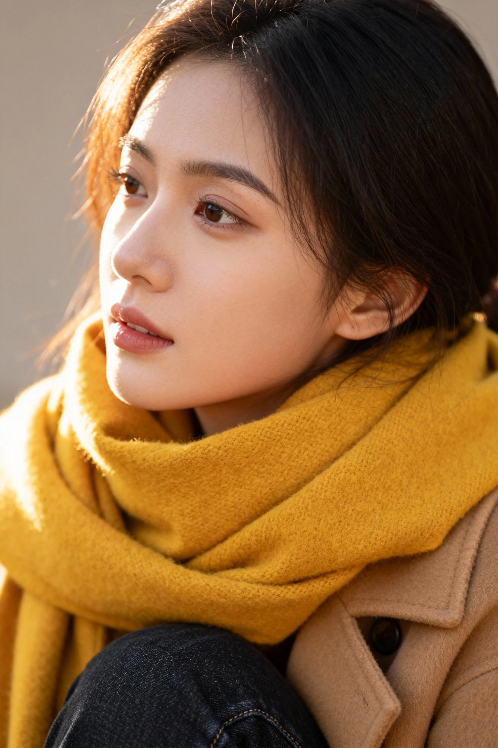 female closeup mustard scarf over camel coat, dark denim