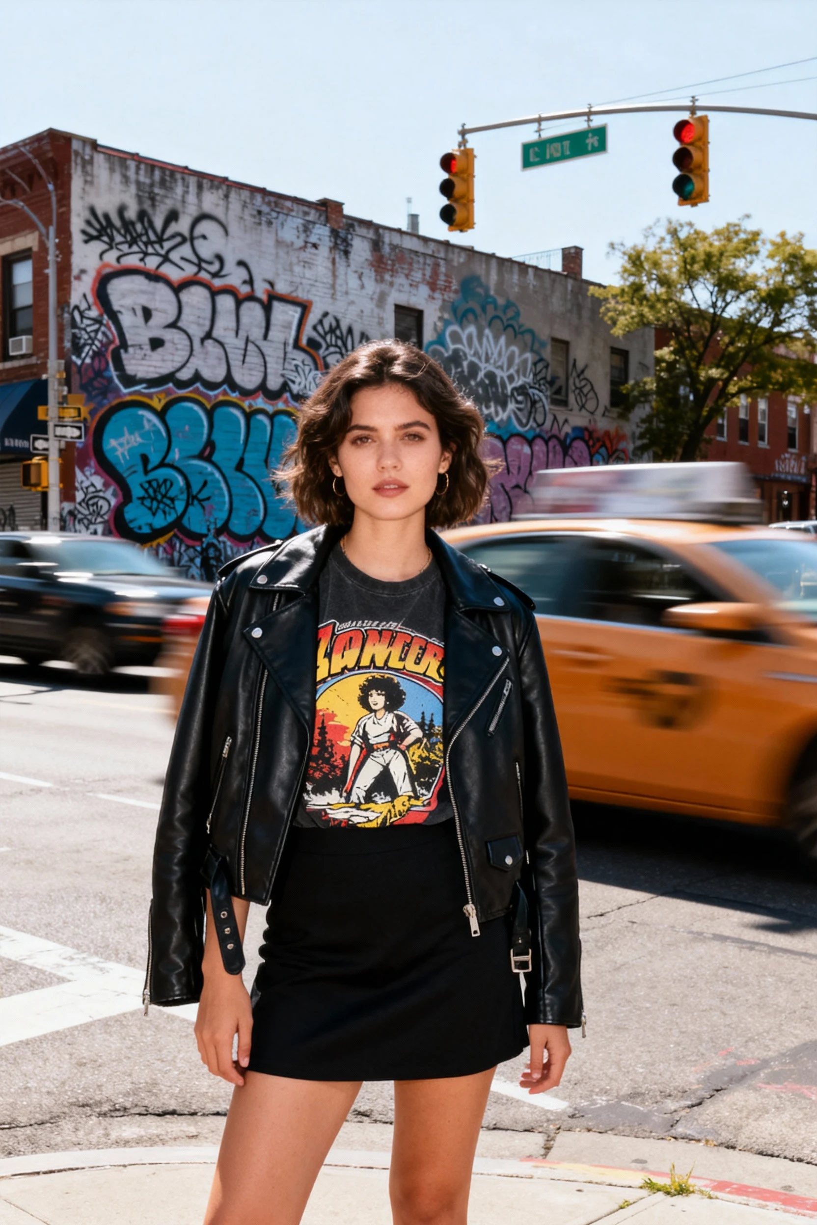 woman wearing black mini skirt and vintage graphic tee under classic black moto jacket, urban street background