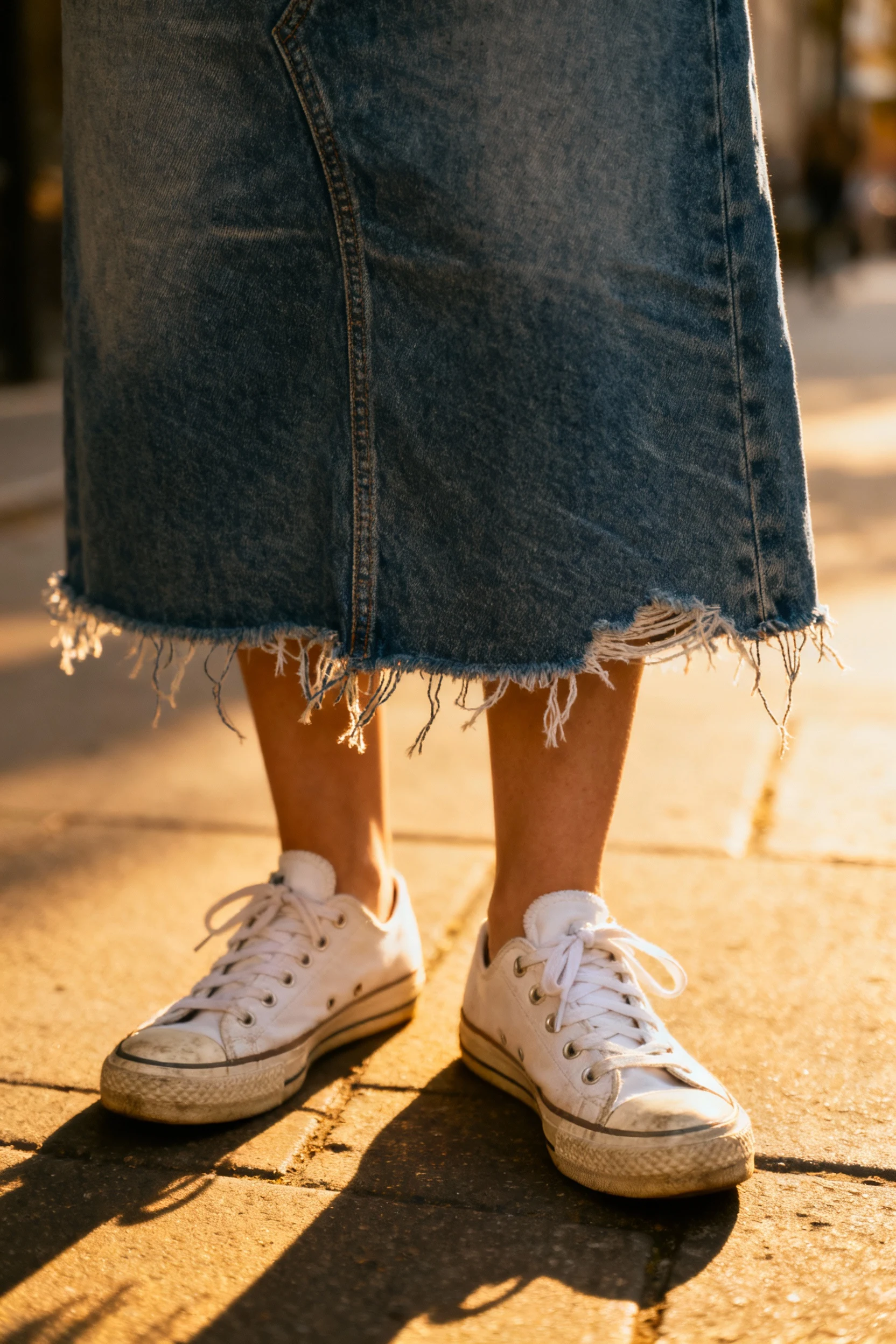 closeup of frayed hem denim mini skirt paired with white sneakers on sunlit pavement