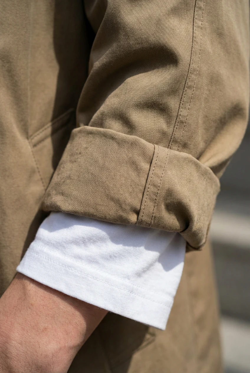 closeup tan trench cuff over crisp white tee