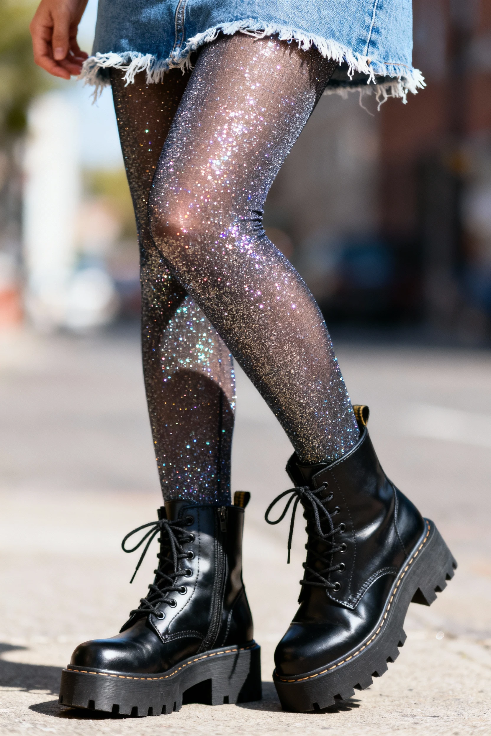 closeup of glitter tights and chunky black boots, denim mini