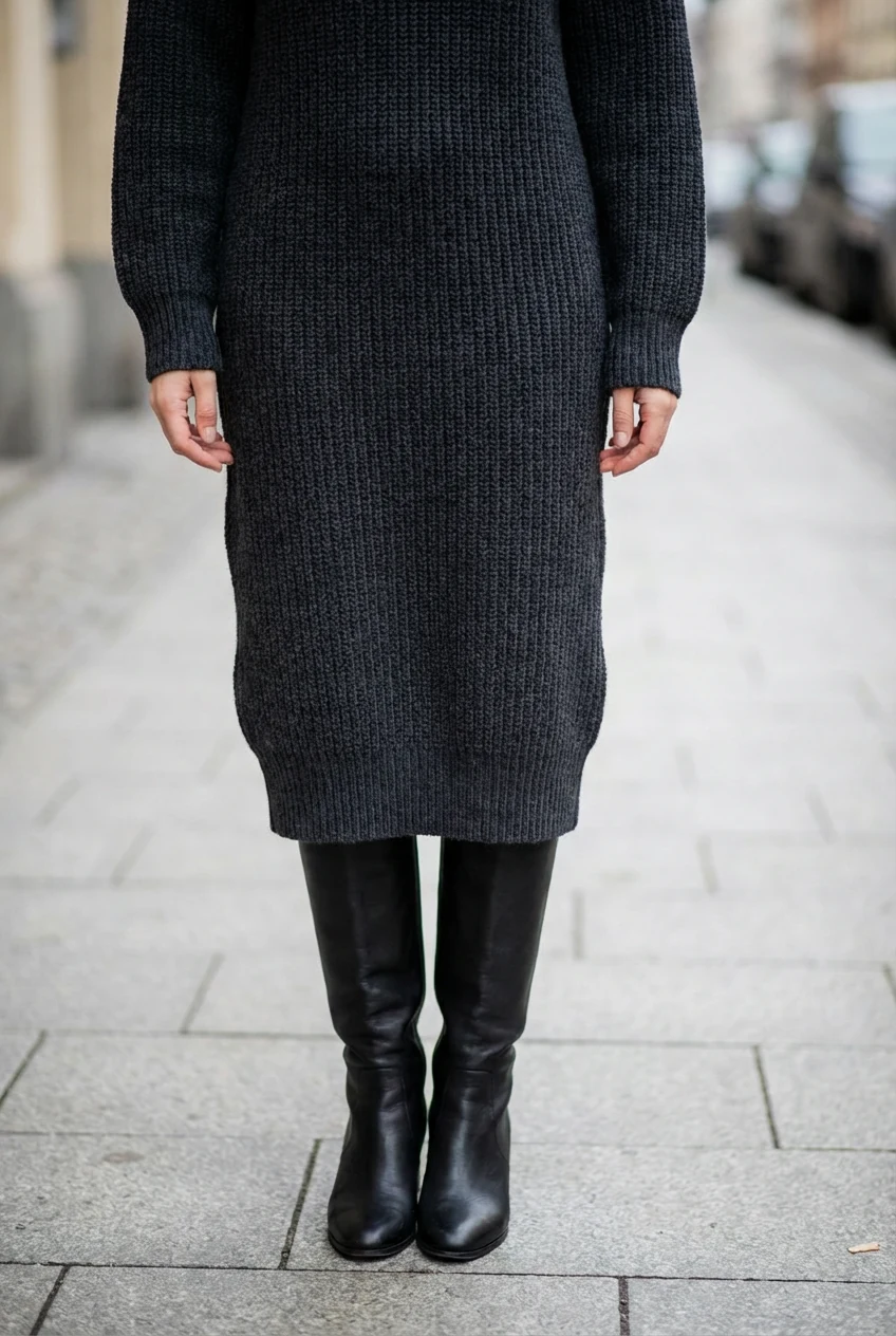 closeup female ribbed midi knit dress, black knee boots