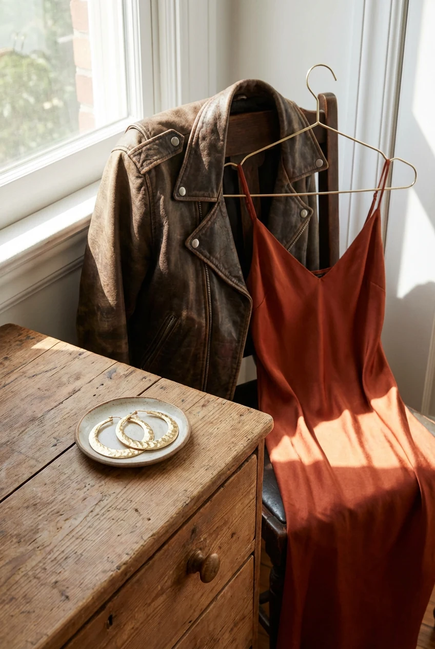 gold hoop earrings beside brown leather jacket, orange slip dress
