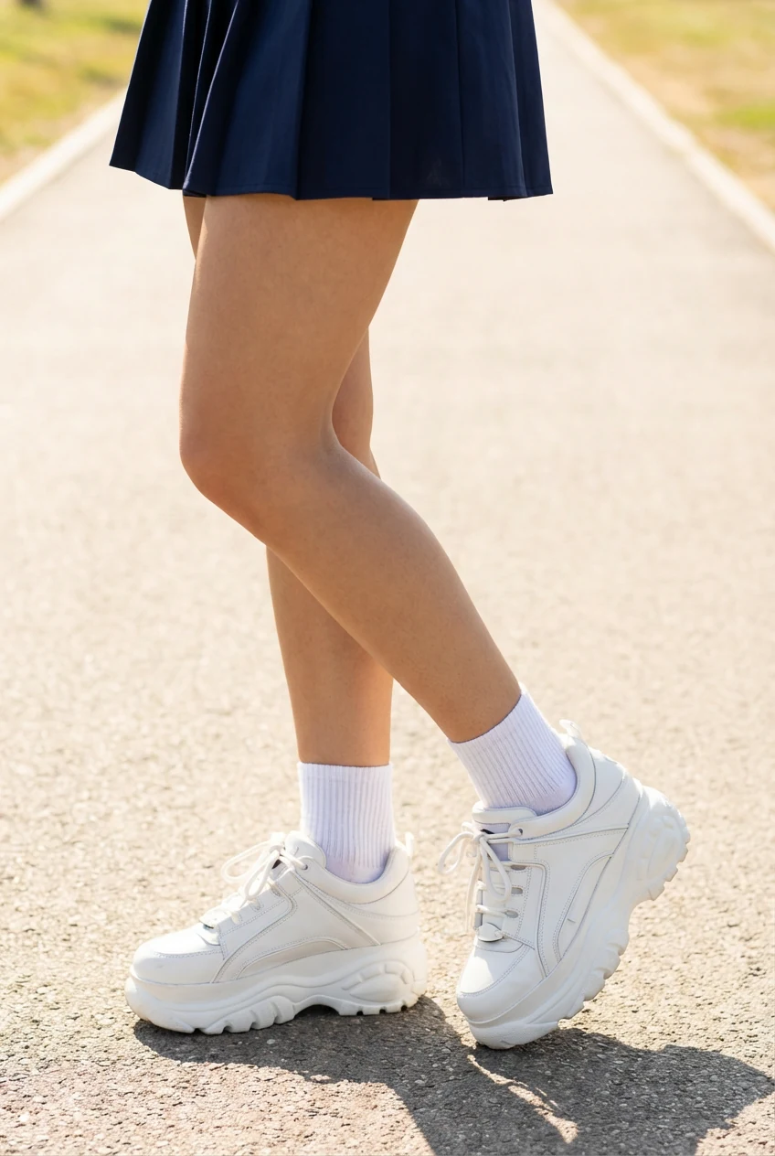 closeup white chunky sneakers, ankle socks, pleated mini hem, female