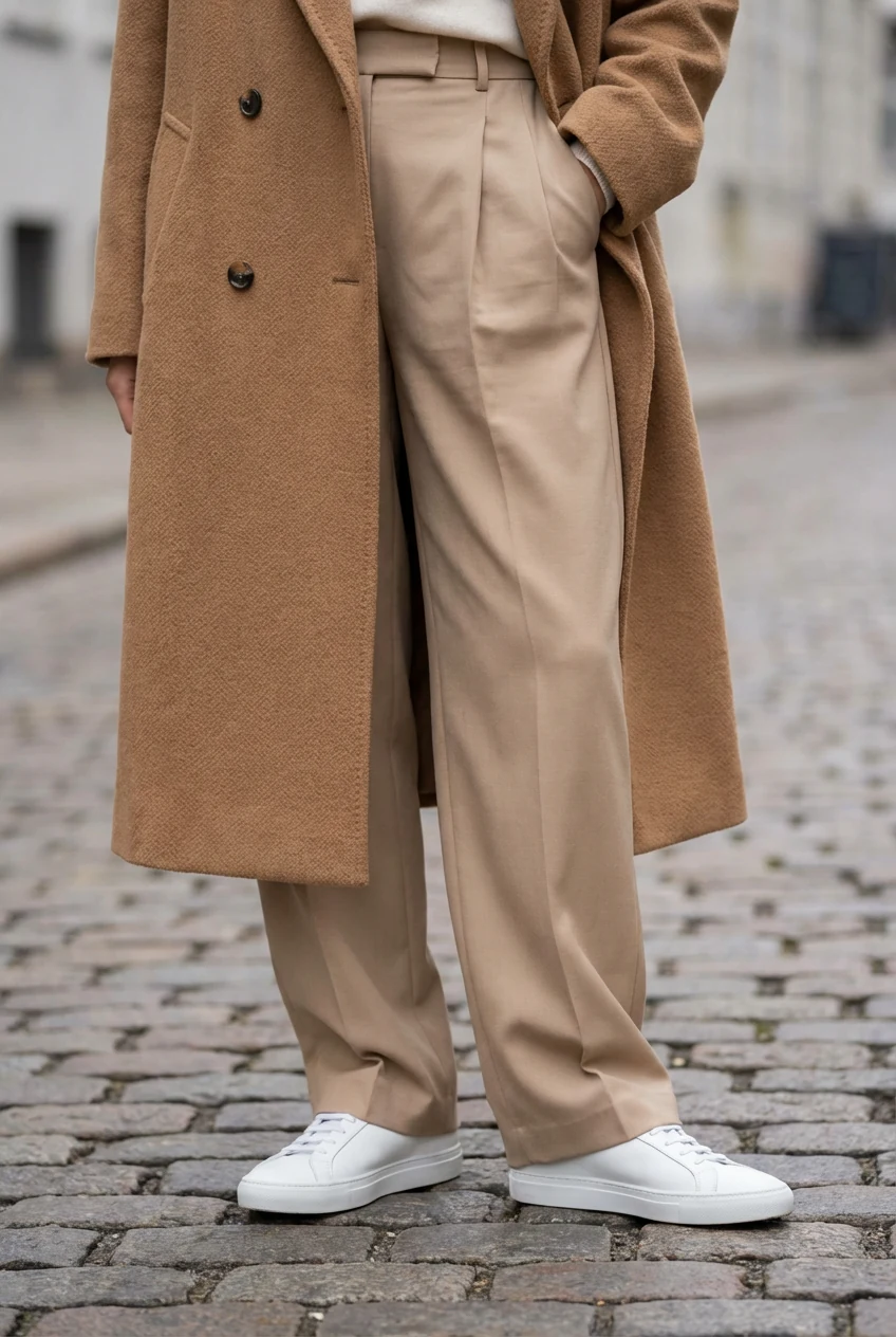 closeup camel wool coat, wide-leg trousers, sleek sneakers