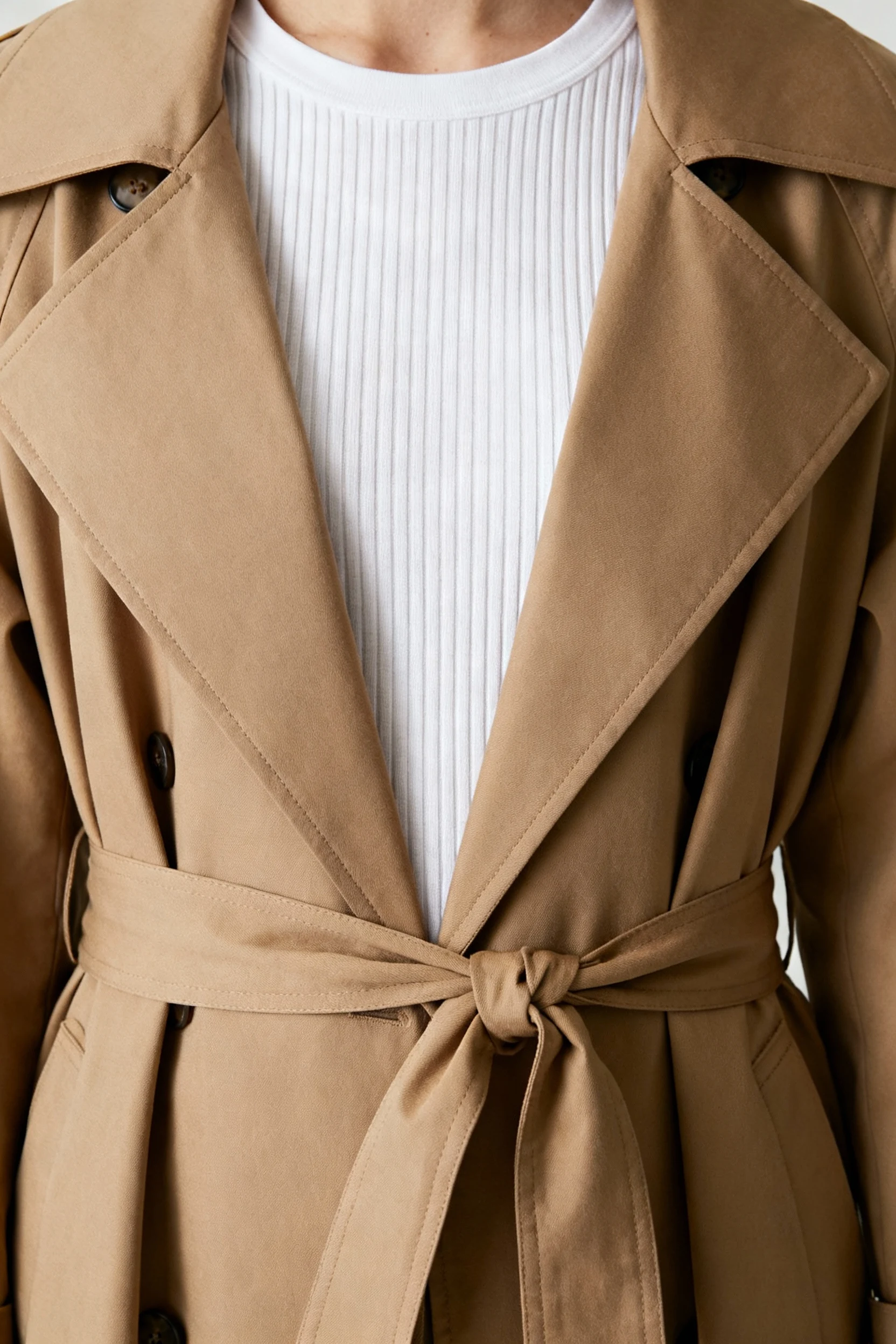 closeup camel trench coat belt knot over ribbed tee
