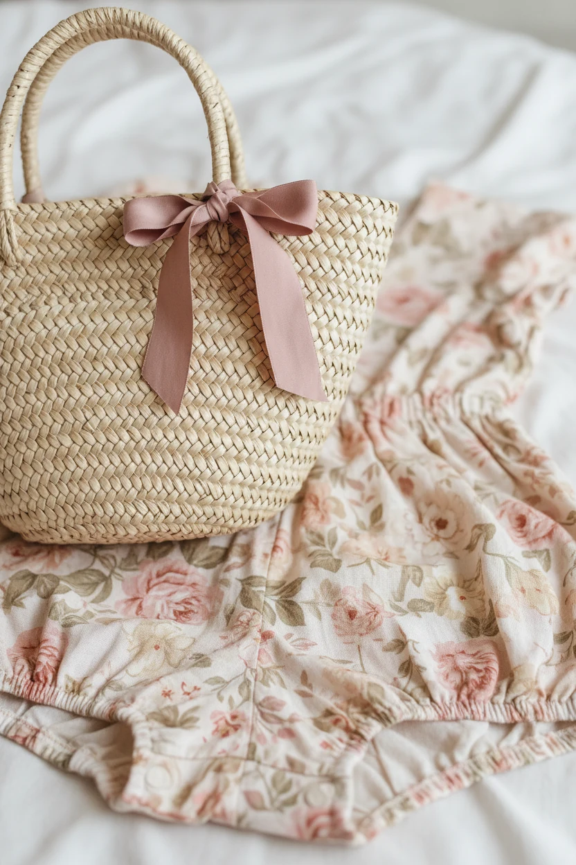 closeup of straw bag with thin ribbon bow resting on linen romper in soft floral print