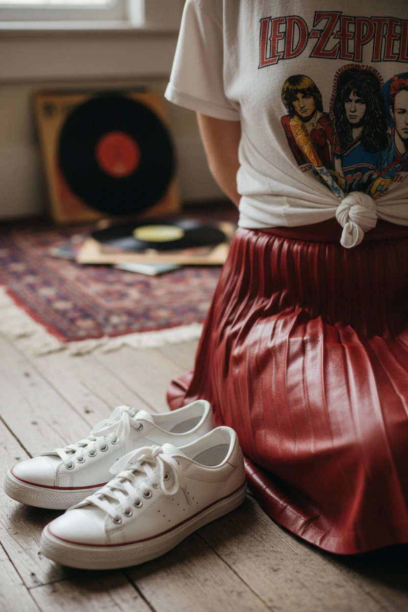 white sneakers beside red leather skirt hem paired with knotted vintage band tee