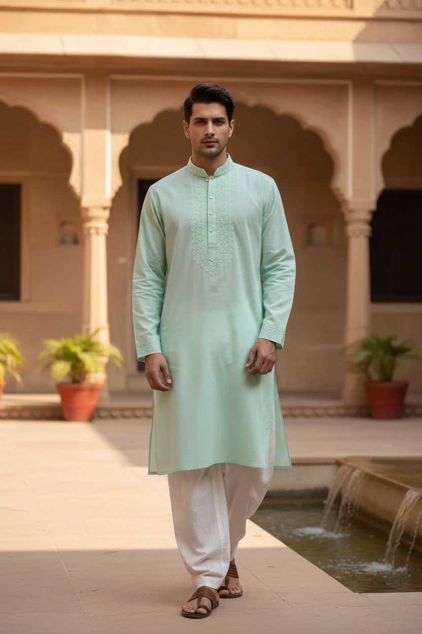 pastel mint kurta with white linen trousers on male model