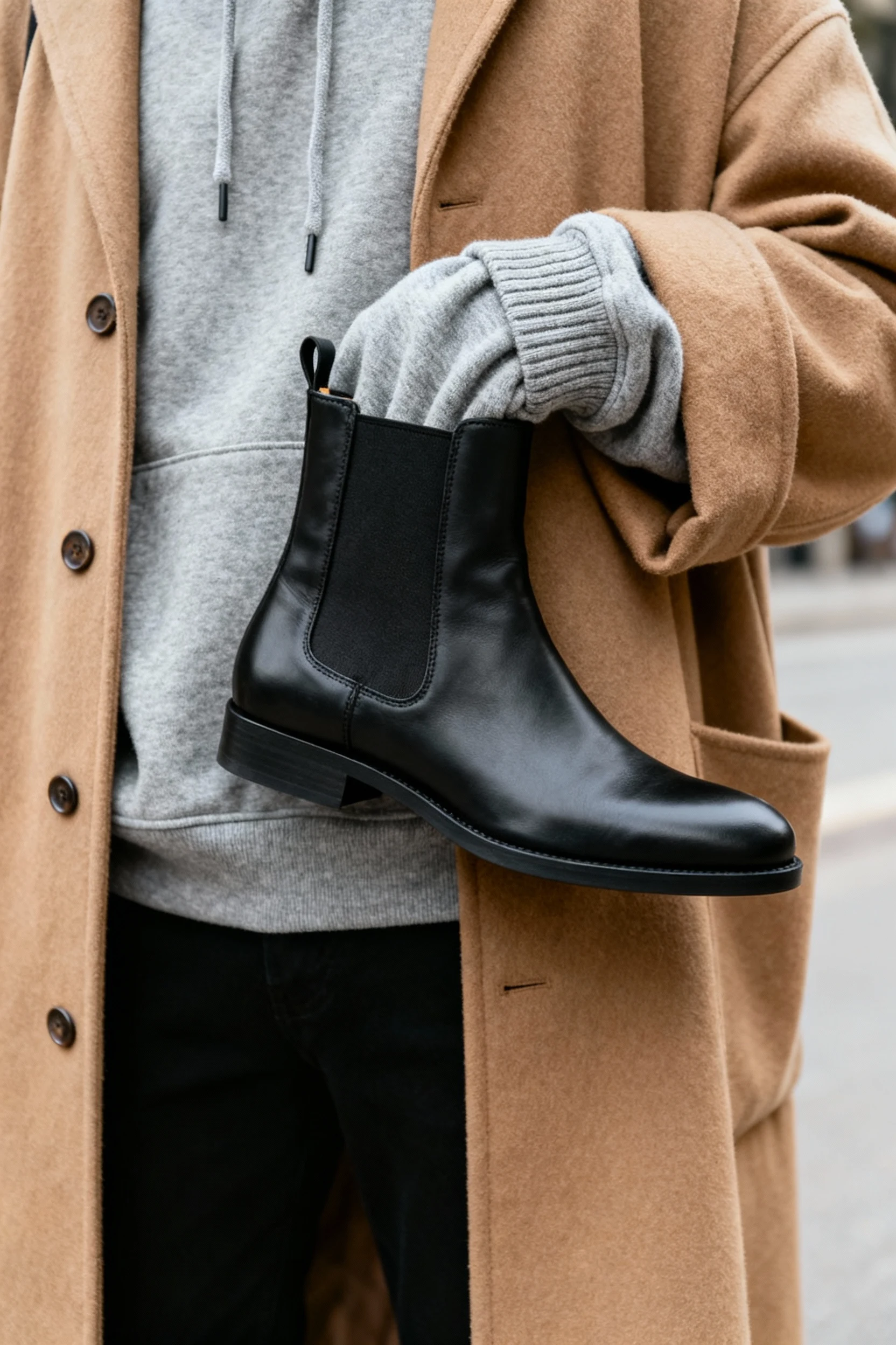 2. closeup black Chelsea boots, camel longline coat over grey hoodie