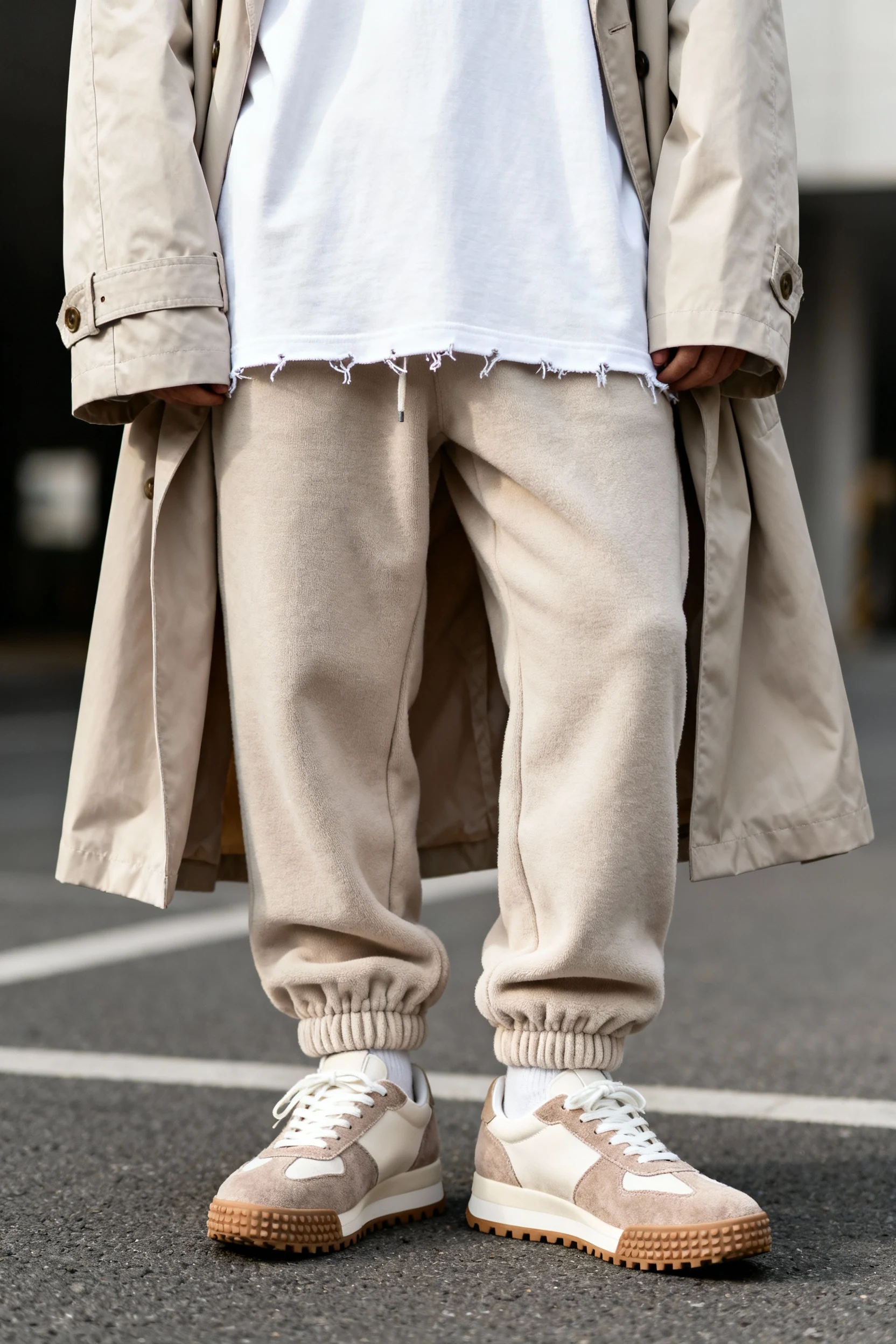 detail shot lightweight trench over cuffed joggers, boxy tee, sneakers