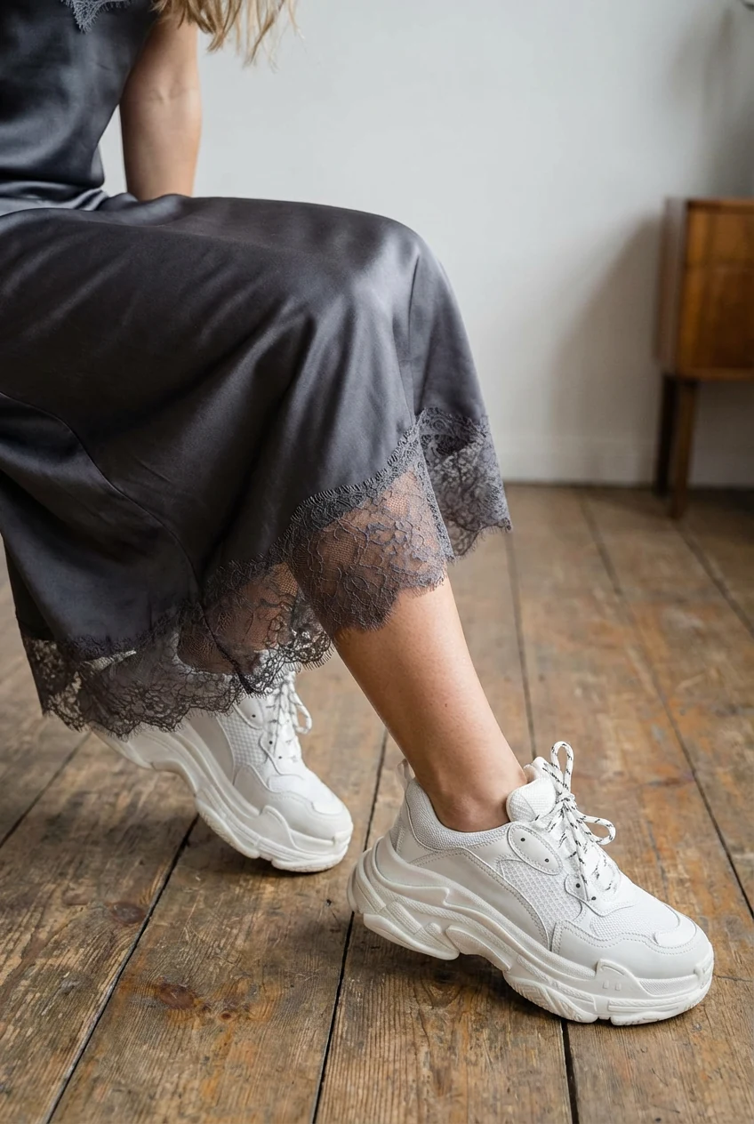 female closeup silky slip dress hem, chunky dad sneakers